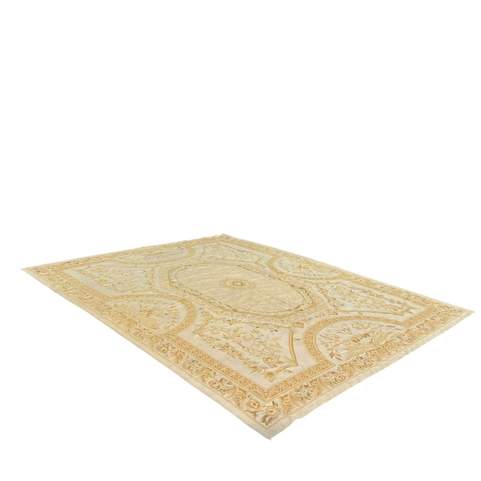 (8’x10’) French Aubusson Style Wool Rug in Yellow: Hand Woven wool flat weave french aubusson style rug in a neoclassical motif of airy scroll work in shades of yellow Measures 94” x 122” Please refer to the following address for the pick-