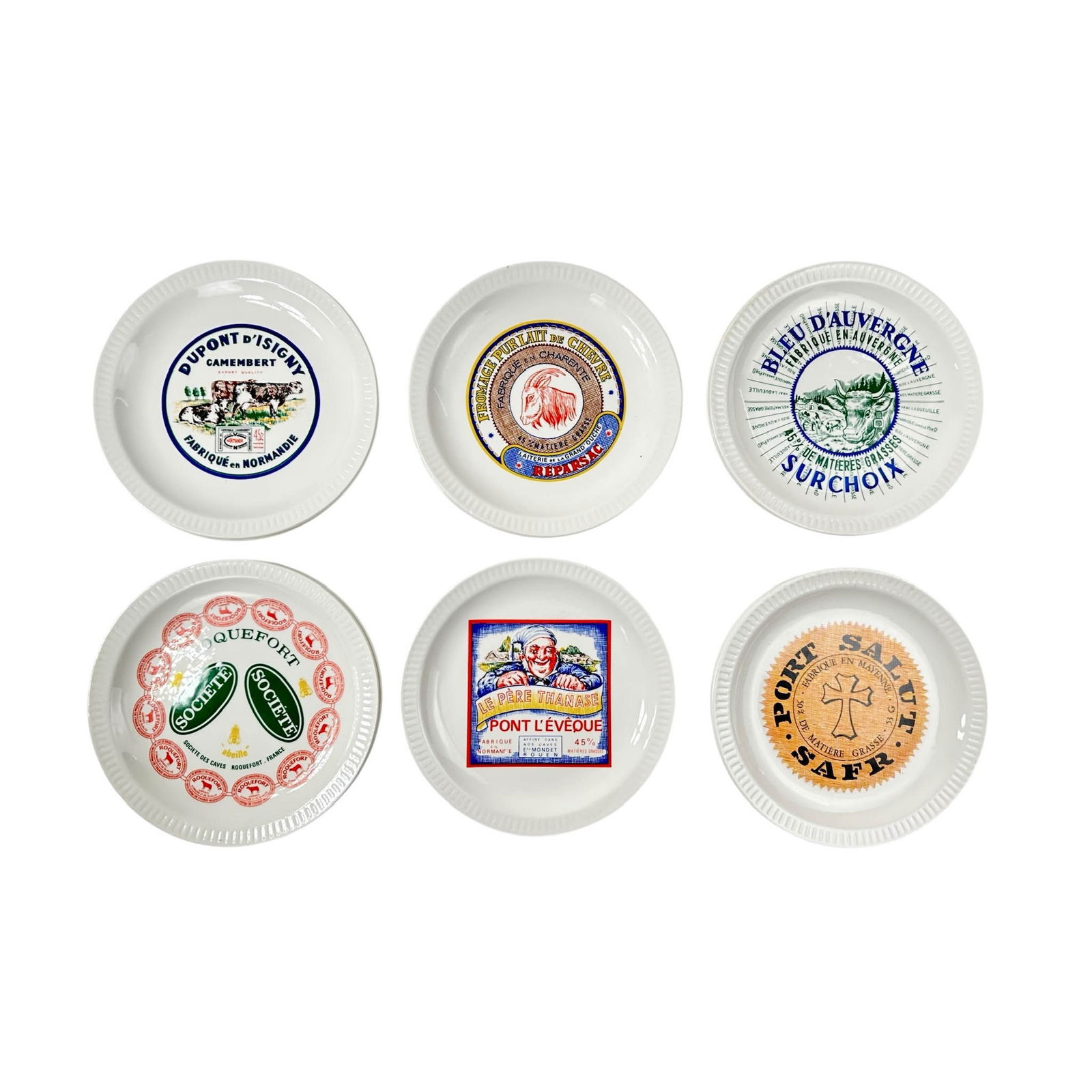 (11) Faience De St. Amand Ceramic Cheese Plates: Set of 11 Vintage french Faience of St. Amand ceramic cheese plates with 8" Diameter. Graphics of cheese labels for Roquefort, Camembert, Bleu D'Auvergne, Port Salut, Fromage de Chevre, Pont L'eveque.