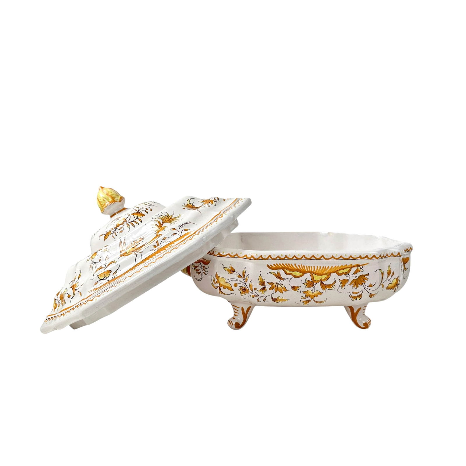 Faience Stoneware Tureen c. 1910: French Faience tin glazed earthenware ceramic or stoneware tureen with a rustic country hand painted motif with lion heads as handles. Measures 13" W x 9 1/2" D x 10" H