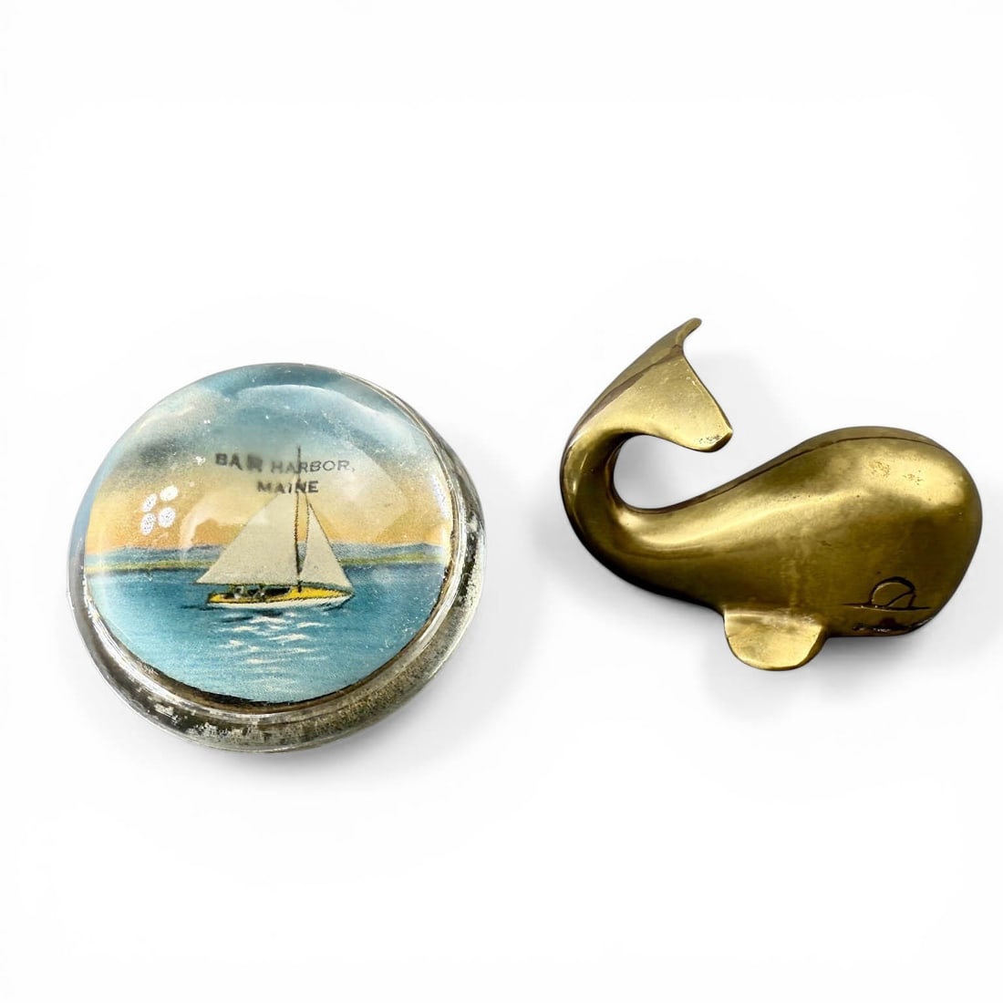 Vintage Brass Whale and Bar Harbor Maine Paperweight: Brass Whale Figure and glass bar harbor paperweight. Vintage Desktop Decor.