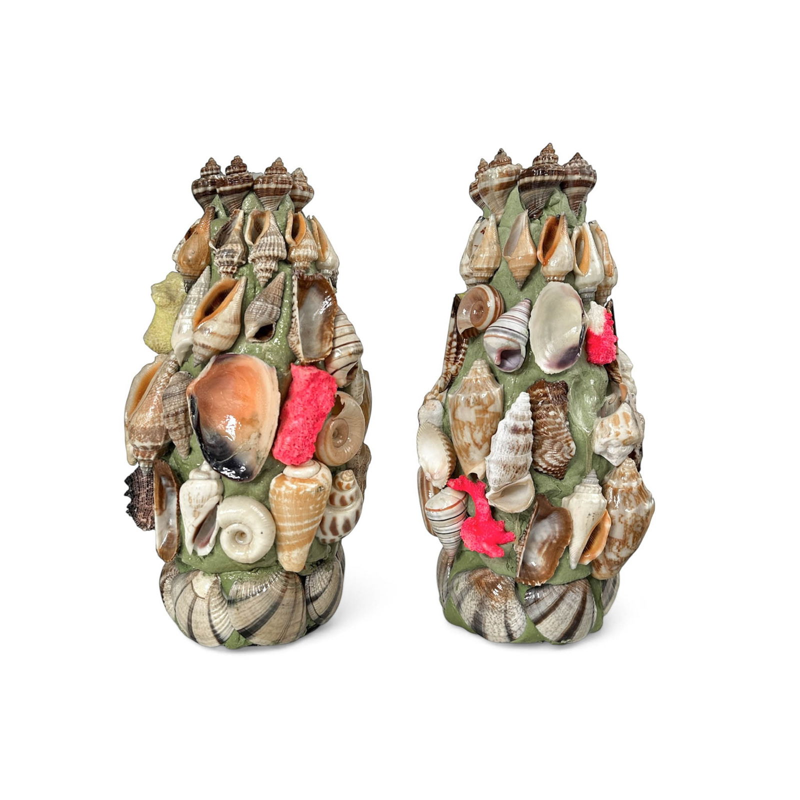 Pair, Coastal Folk Art Shell Covered Candle Holders: Vintage pair of Folk art coral and shell covered glass bottle candle holders. Measures 4 1/2" Dia x 8 1/2" H Please refer to the following address for the pick-up location: 2 Quogue Plaza Trail, Quogu