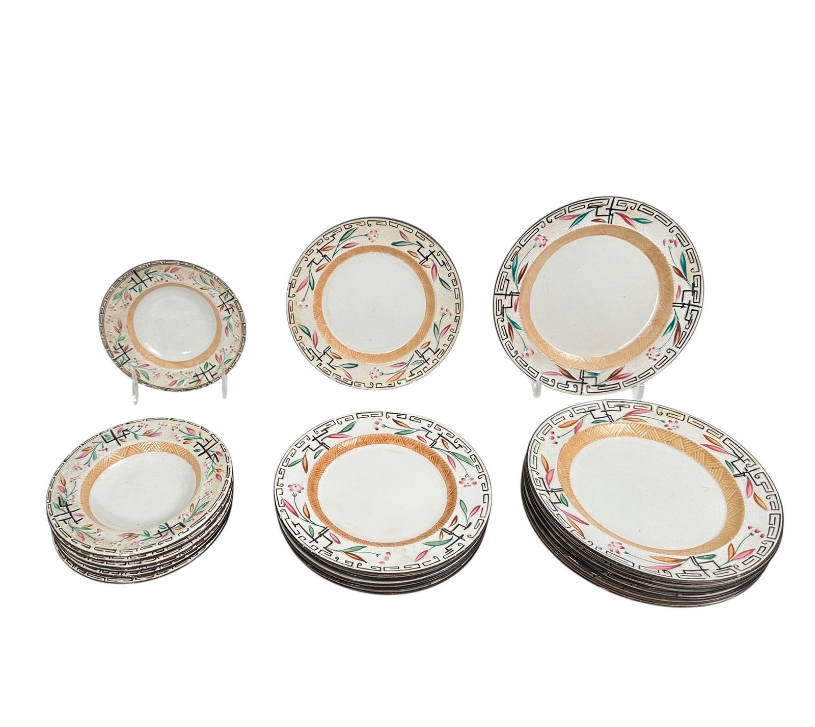 19th C. Browning Pottery Japonaire Tableware: Antique 19th century Japonaire ceramic tableware with a bamboo, trellis and floral pattern. Plates have Diameters of Please refer to the following address for the pick-up location: 2 Quogue Plaza Trai