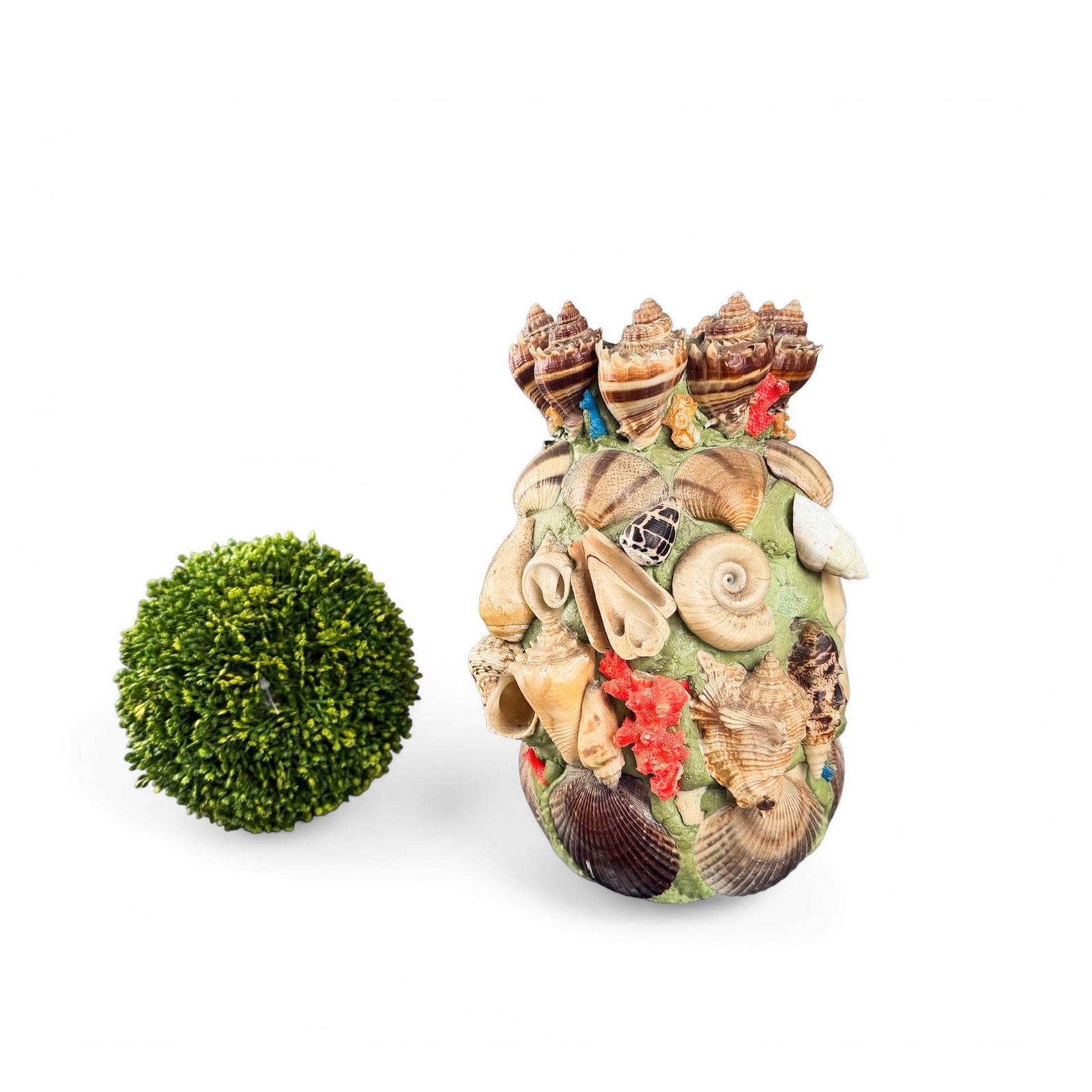 Coastal Folk Art Coral and Shell Covered Vase: Vintage Coastal Folk Art shell and coral covered glass bottle vase. Measures Please refer to the following address for the pick-up location: 2 Quogue Plaza Trail, Quogue, NY 12073