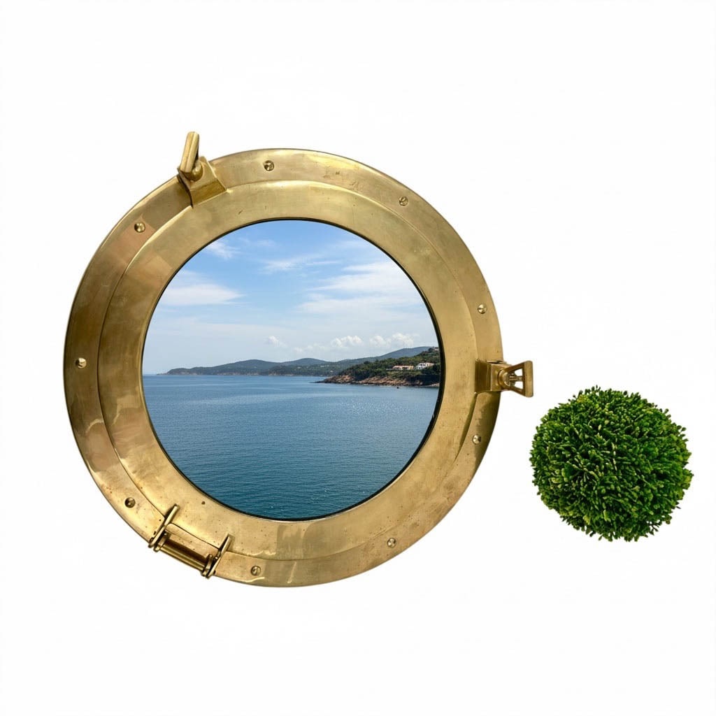 Ship's Brass Porthole Wall Mirror: 16 1/2' Diameter, 2 3/4" Depth