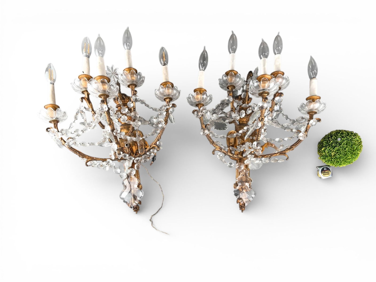 Pair of Gilt Bronze and Crystal Wall Sconces: Gilt Bronze and Crystal Sconces