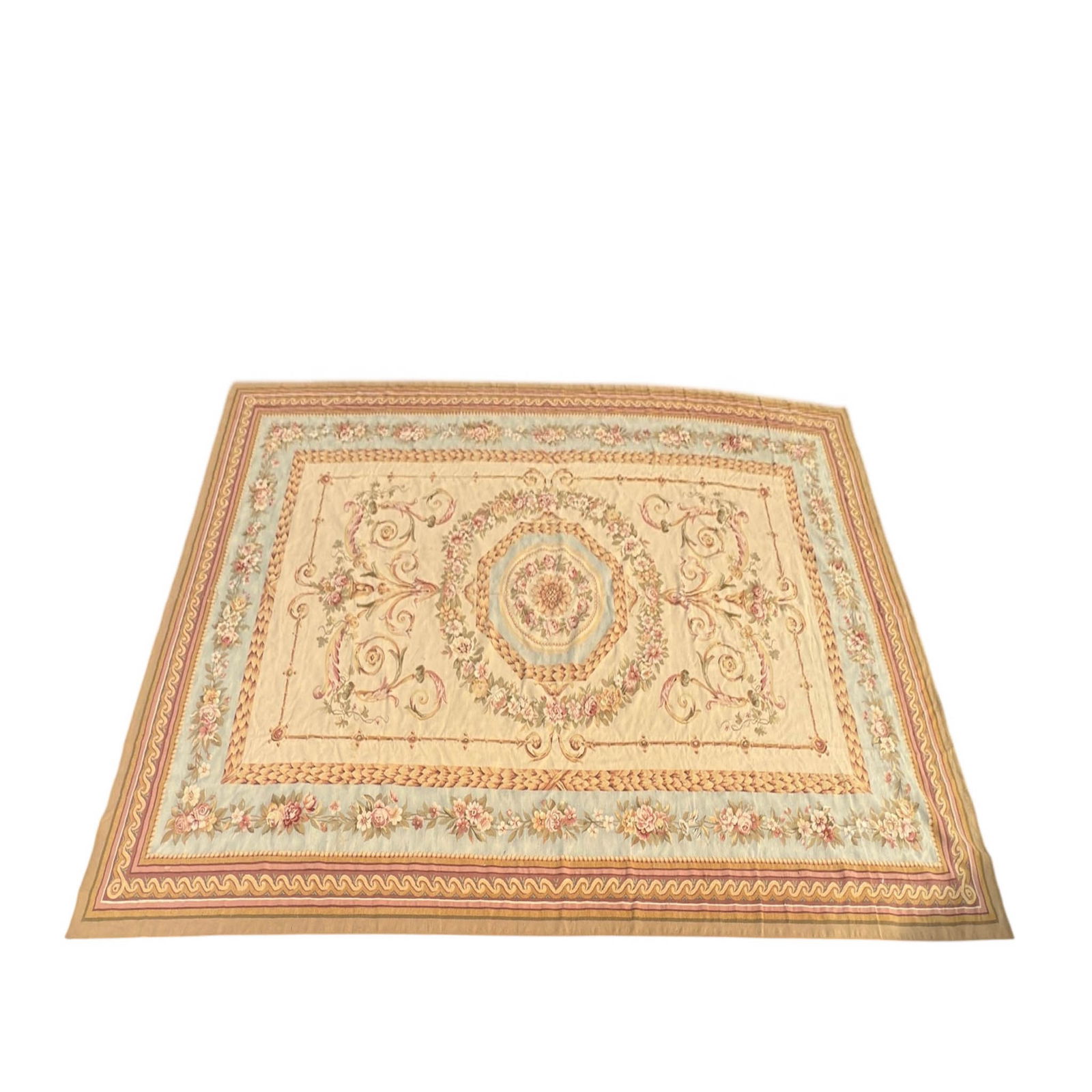 12 x 17 Aubusson Flat Weave Wool: Purchased from a Christie's Auction in the early 2000's This extra large Aubusson flat weave rug has a neoclasical motif with floral medallions Measures 209" x 142