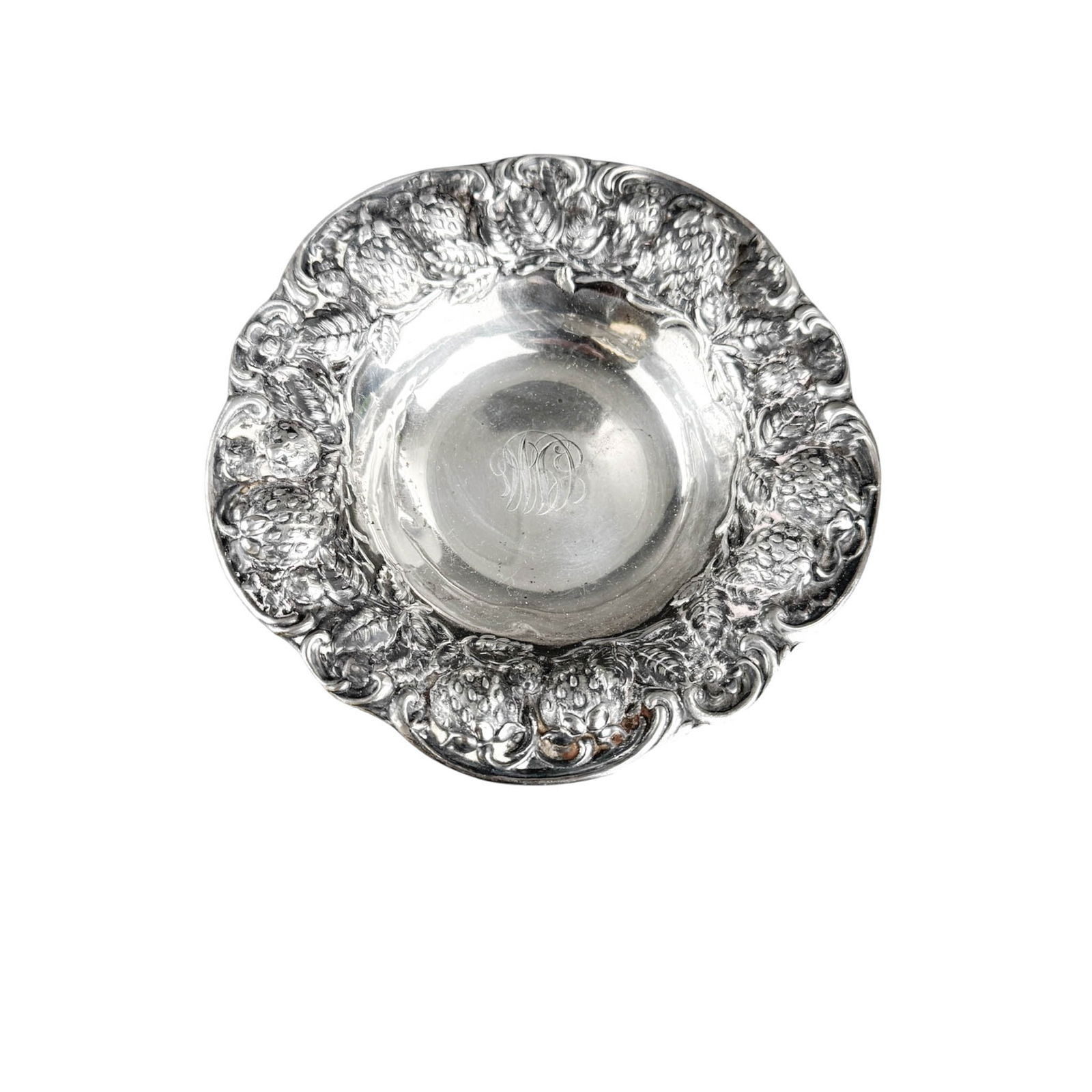 Sterling Silver Strawberry Repousse Bowl: Measures 6 1/2" x 6 1/2" x 1 1/8" Weighs 3.64583 Troy Ounces Please refer to the following address for the pick-up location: 2 Quogue Plaza Trail, Quogue, NY 12081