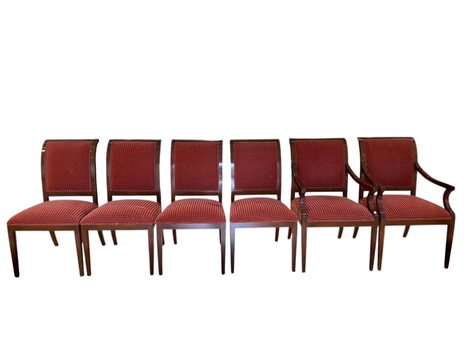 Smith and Watson Regency Dining Chairs, Set of 6: Vintage Smith and Watson, Fine Cabinet Makers from New York, Set of 6 (2 Arm, 4 Side Chairs) Mahogany Dining Chairs with upholstered backs and seats in a red velvet. Arm Chairs Measure Side Chairs Mea