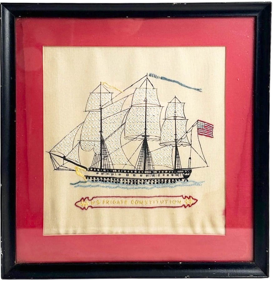 Frigate Constitution Antique Cross Stitch: Framed Antique Cross Stitch of The US Frigate Constitution Ship in water. Frame Measures Please refer to the following address for the pick-up location: 2 Quogue Plaza Trail, Quogue, NY 12095