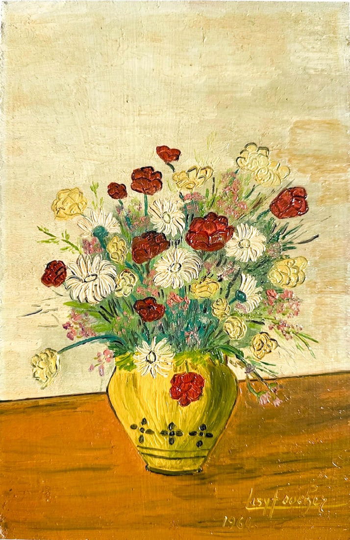 Lisy Foucher, French Oil on Board, Still Life of flowers,1964: Lisy Foucher, French. Untitled Stillife of Flowers, oil painting on board Signed and Dated, 1964. Measures Please refer to the following address for the pick-up location: 2 Quogue Plaza Trail,