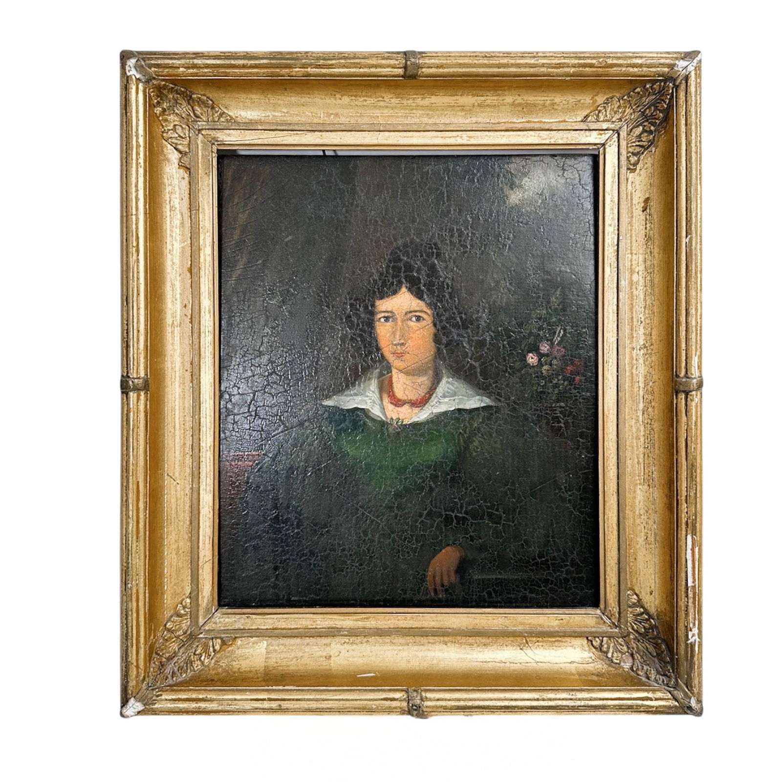18th C. French Oil Painting, Portrait of a Woman: Antique 18th C, unsigned French Oil painting on wood, portraiture of a woman in green dress. Gilt Frame Measures Please refer to the following address for the pick-up location: 2 Quogue Plaza Trail, Q