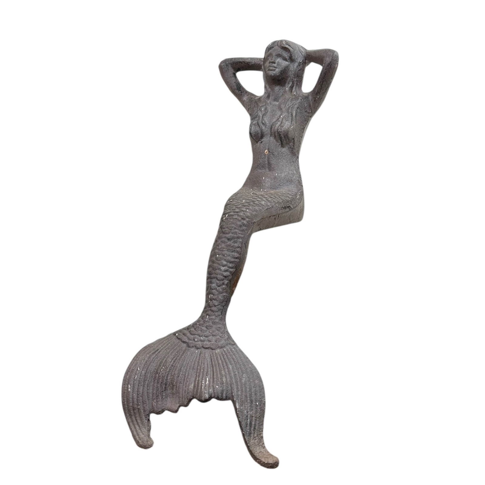 16" Tall Cast Iron Seated Mermaid: Cast Iron Seated Mermaid Shelf or ledge decor. Measures 8" x 7" x 16" H Please refer to the following address for the pick-up location: 2 Quogue Plaza Trail, Quogue, NY 12099