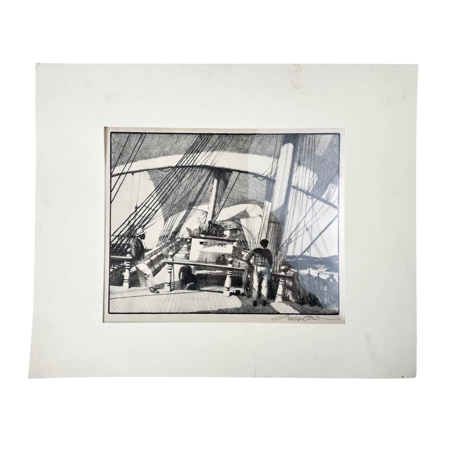 Gordon Grant, Old Windjammer, Lithograph 1944: Gordon Grant, Old Windjammer, Lithograph Signed in pencil. From a limited edition run of 250. Dated 1944. Not Framed but rests behind matting. Measures 9" x 11 3/8"