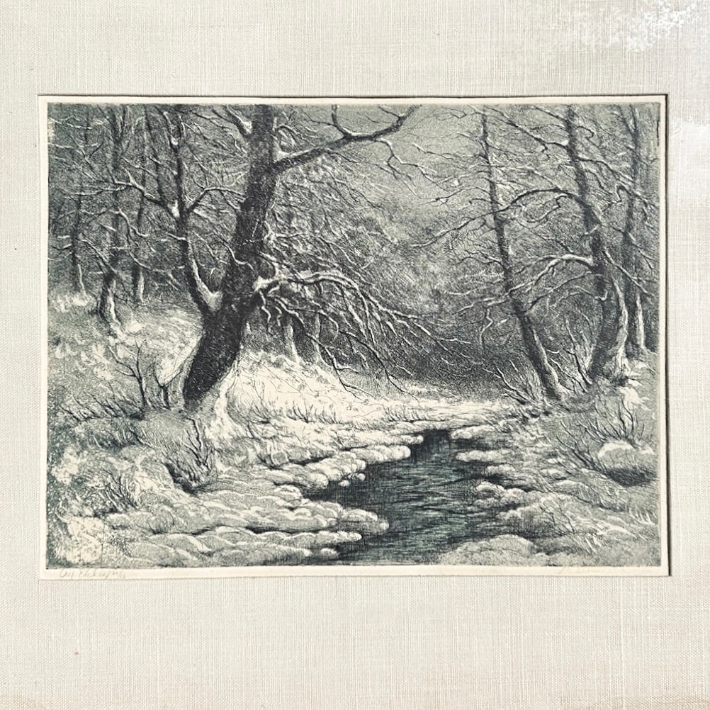 L. Mariae, Signed Etching Winter Landscape: Signed, L Mariae, numbered 44/60 limited edition etching of winter landscape with stream and trees. Framed and Matted behind linen. Measures Please refer to the following address for the pick-up locat