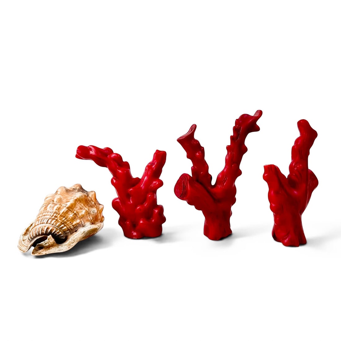 3 Vibrant Red Faux Coral Decor: 3 pieces of artificial coral in a phenomenal vibrant red. Measure 4 1/2" W x 2" D x 6 1/2" H Please refer to the following address for the pick-up location: 2 Quogue Plaza Trail, Quogue, NY 12107