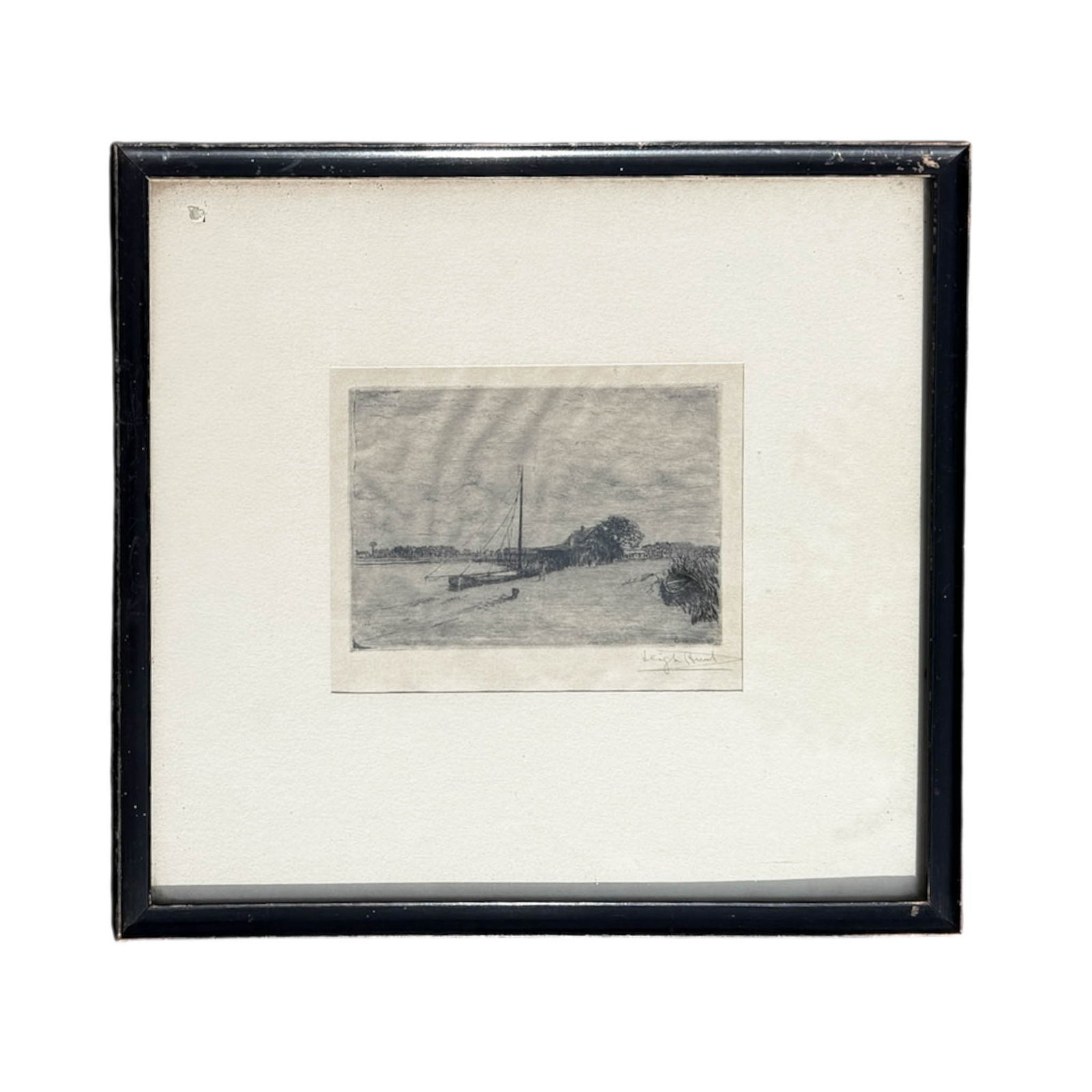 Leigh Hunt, Artists Etching of Boat At Dock: Leigh Hunt, American b. 1858-1937. Original Etching in frame Dated 1908. Signed in pencil on bottom right of composition.