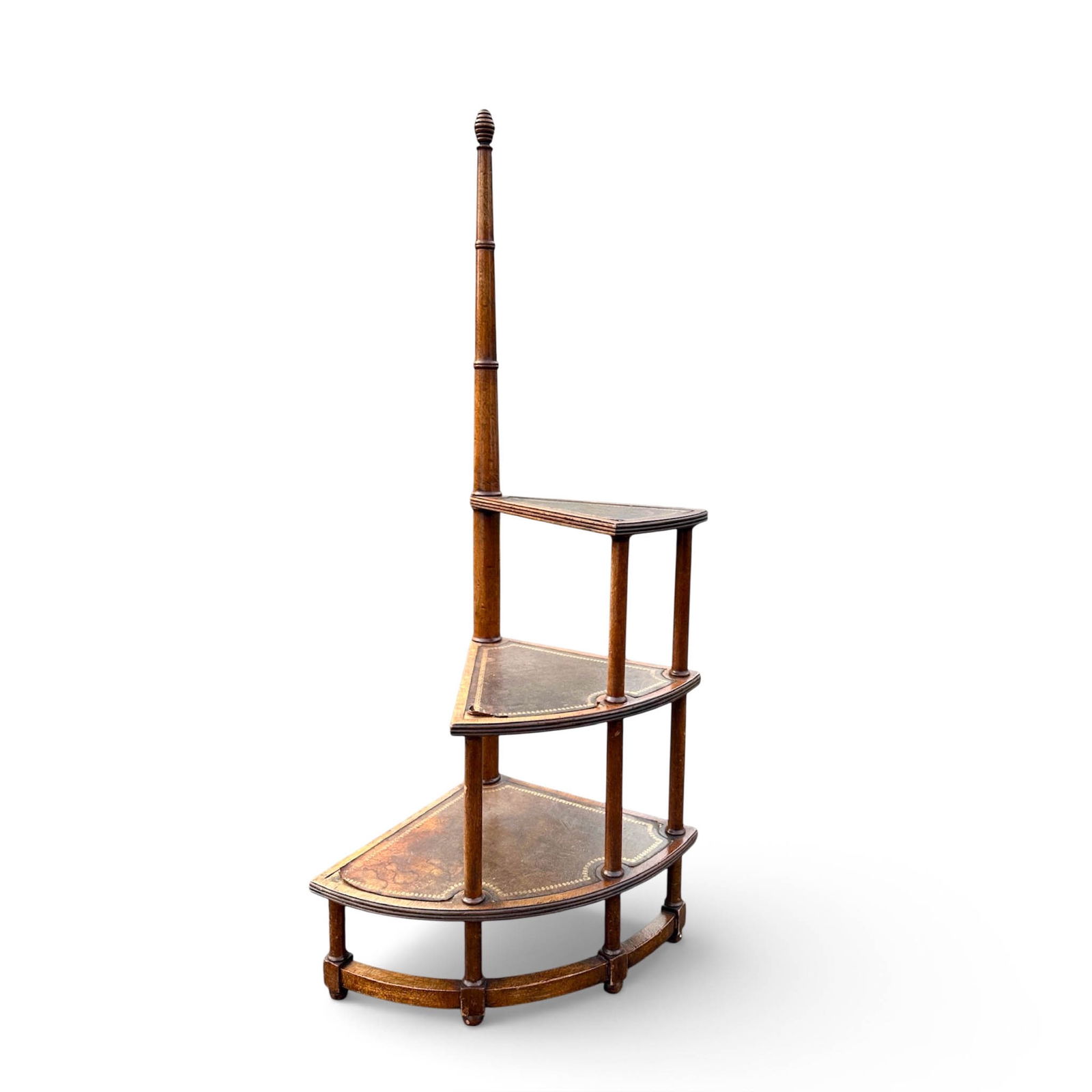 19th C. Continental Mahogany Library Step Ladder: Antique 19th C. Continental Mahogany Library Step Ladder with gold tooled leather steps and a turned wood pole finial. Measures 15" x 15" x 46 1/2" H