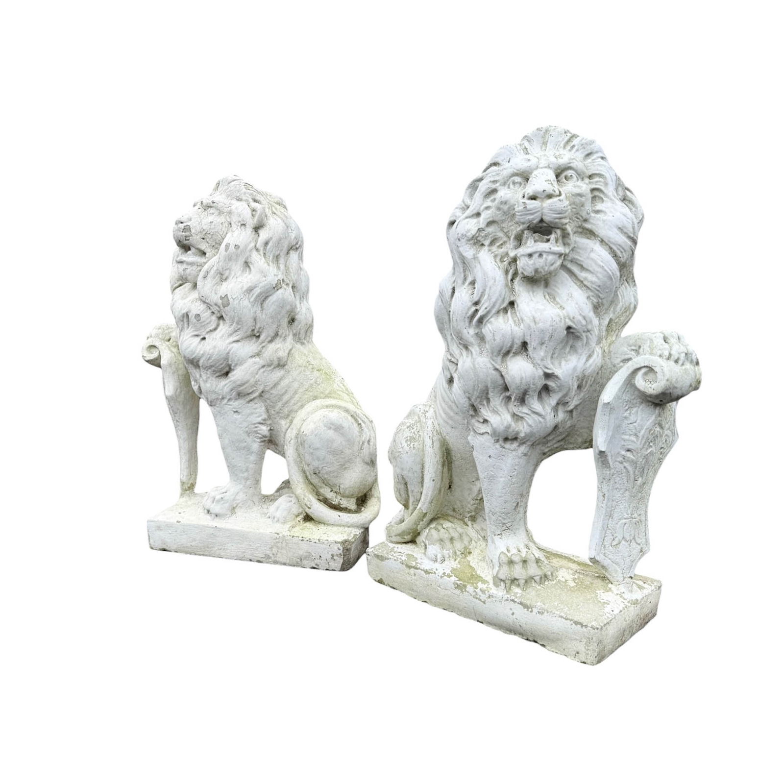 Pair, Cast Stone Lion Sentinel Statues: Vintage stately pair of cast composite stone Lion Sentinel Statues. Excellent at any Entry point. Each Figure Measures Please refer to the following address for the pick-up location: 2 Quogue