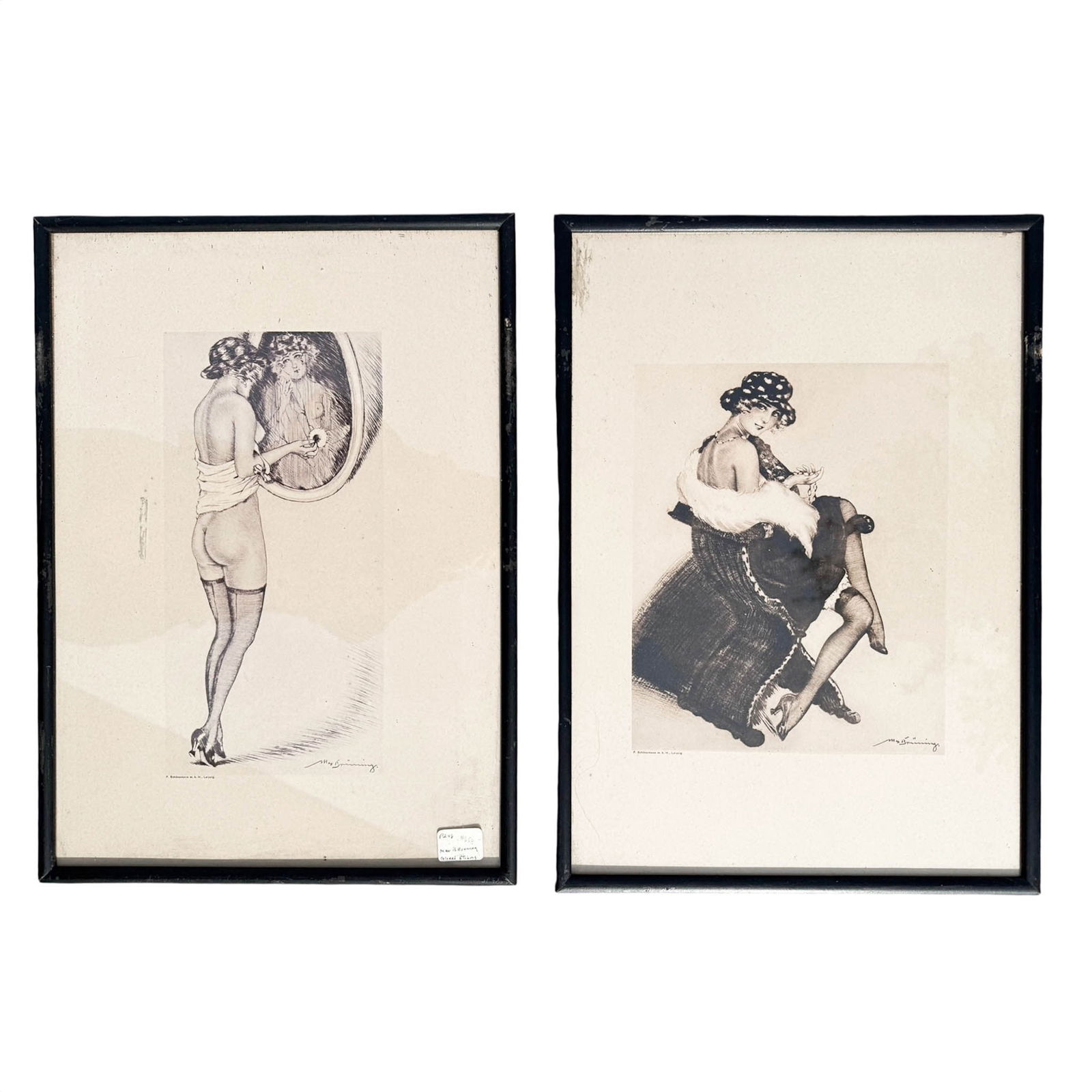 (2) Max Bruning, Etchings, Female Portraits: Pair of Antique Framed Max bruning plates of his portrait etchings of women in risque dress posing in very 1920's -30's manners. Frames Measure Please refer to the following address for the pick-up