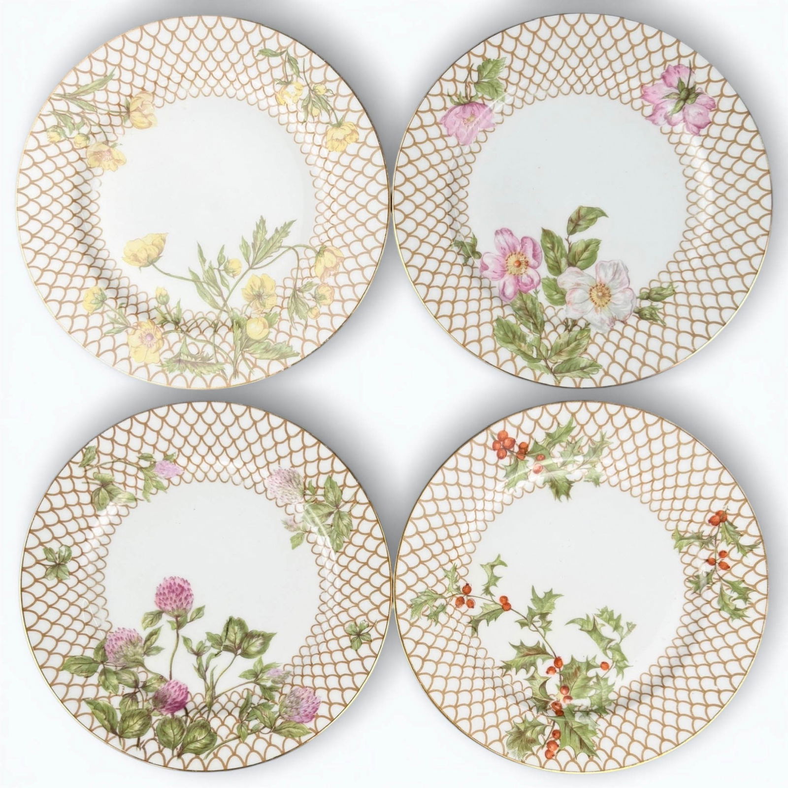 Limoges Porcelain Four Seasons Plates, 4 pcs: Four Antique Limoges France, Delicately Painted 8 3/4" Diameter Plates for W.H.Plummer New York, with Fauna tipifying each season.