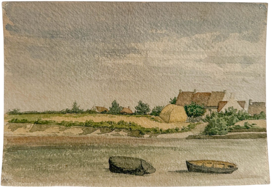 French Watercolor of Paddle Boats on Shoe: Original, unsigned French watercolor on sturdy watercolor paper. Landscape or shoreline with paddle boats ashore.