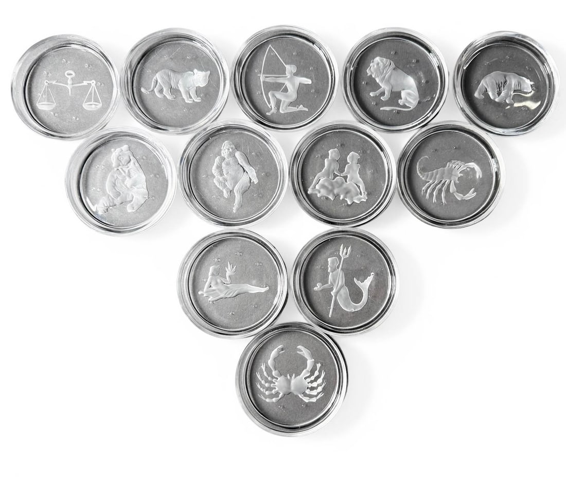 (12) Val Saint Lambert Signed Crystal Zodiac Coasters: Set of 12 Val Saint Lambert Crystal coasters with zodiac signs etched in. All are signed on the bottom side.