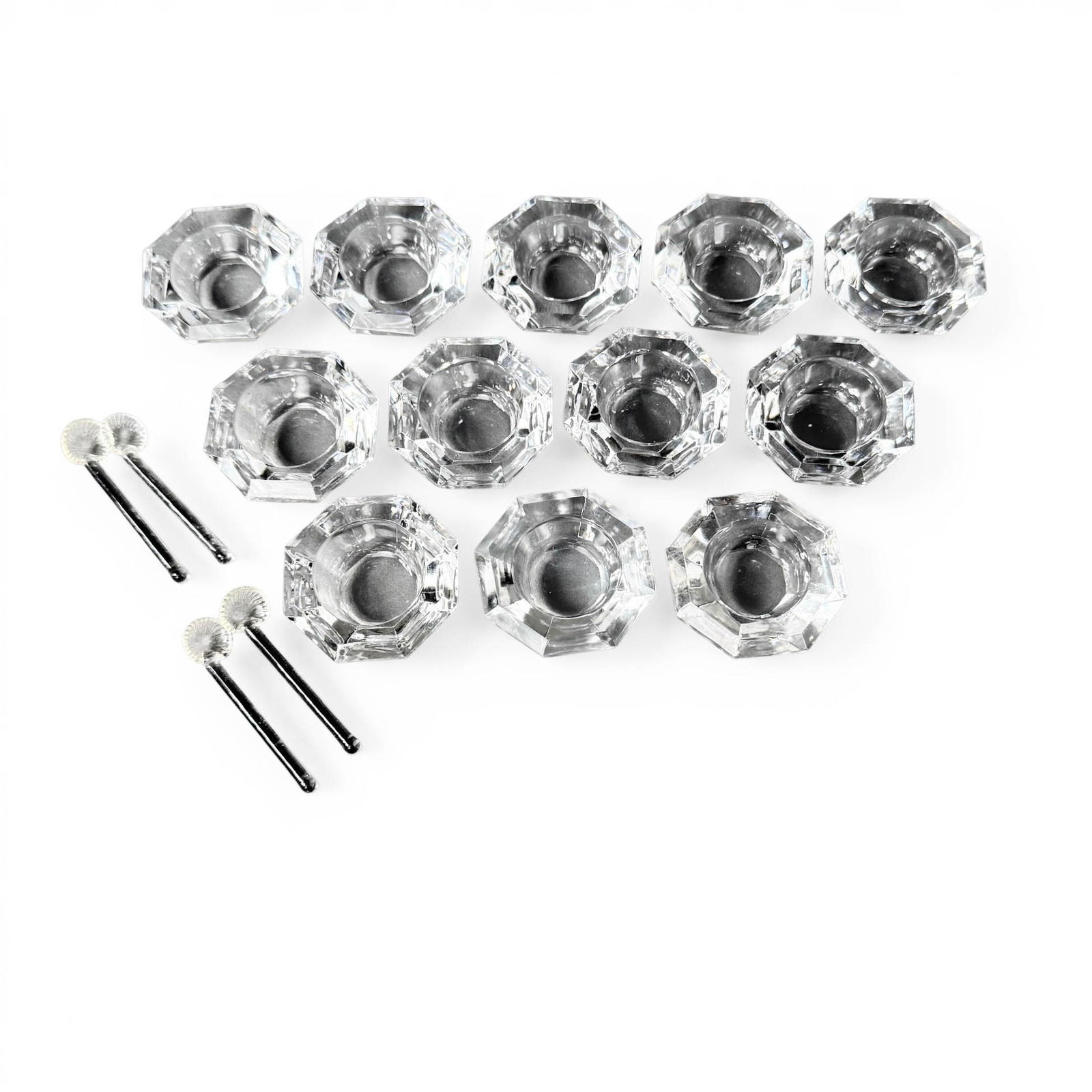 (12) Vintage or Antique Crystal Salt Servers: 4 blown glass salt spoons and 12 crystal salt servers. Please refer to the following address for the pick-up location: 2 Quogue Plaza Trail, Quogue, NY 12140