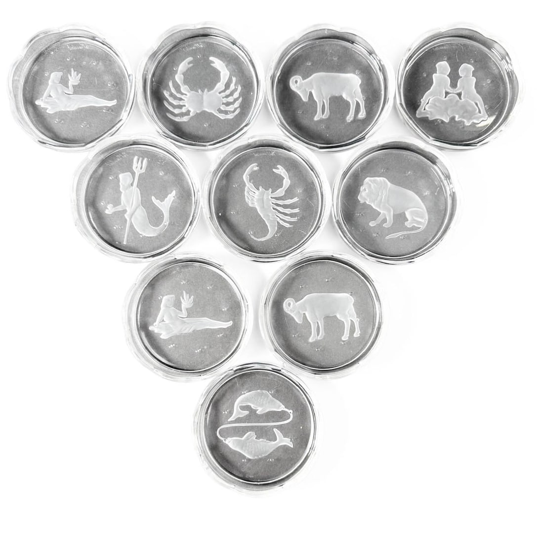 (10) Val Saint Lambert Crystal Coasters with Scalloped Edge: Set of ten scalloped edge crystal coasters by Val Saint Lambert with Zodiac etchings.