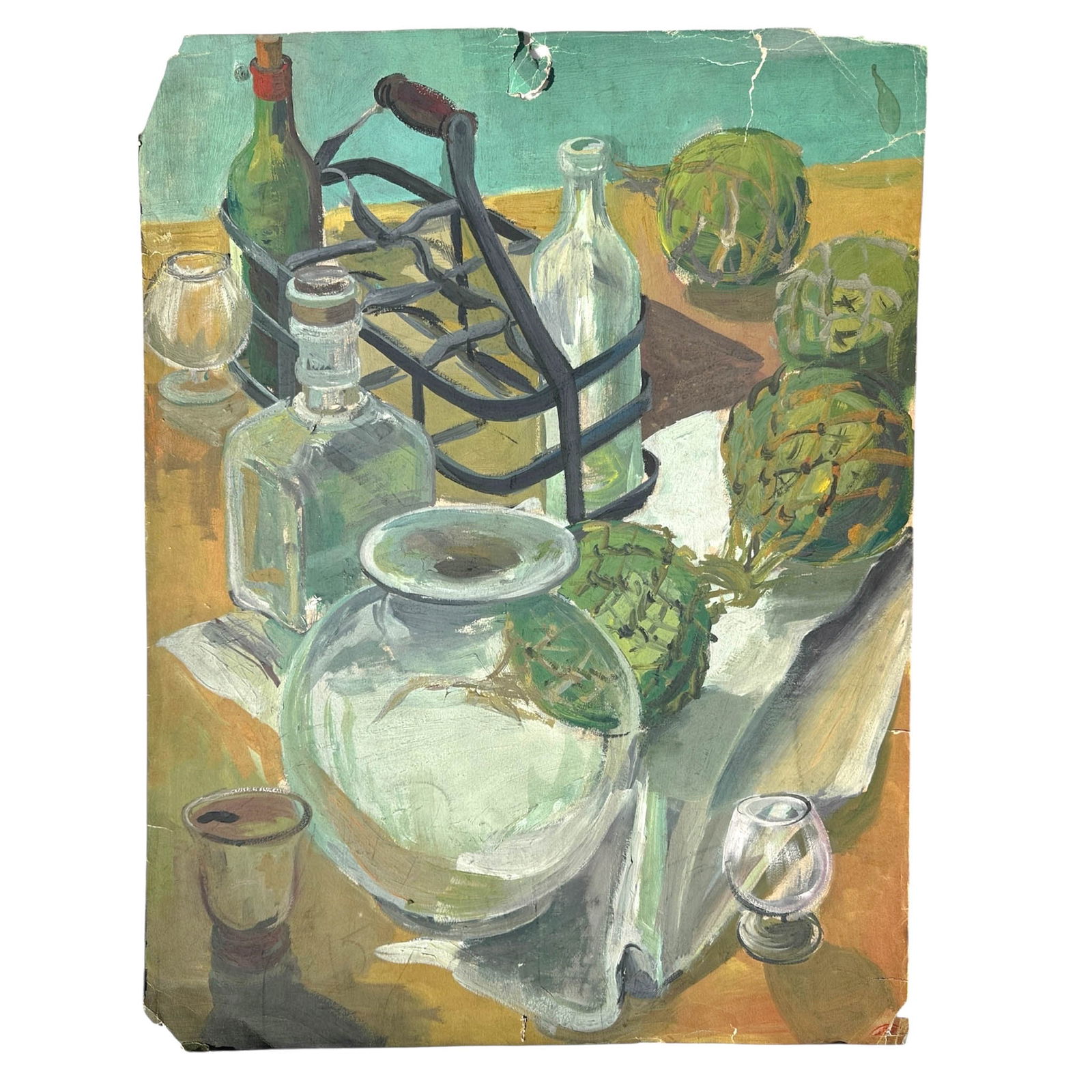 French Oil on Paper, Still Life with Artichokes, Bottle Holder and Glassware: 1940's Vintage French Painting on paper. Needs Framing and is in fragile condition Measures 18" W x 24" H Please refer to the following address for the pick-up location: 2 Quogue Plaza Trail,