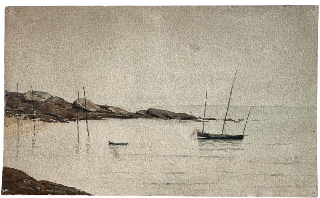 French Watercolor on Paper Two Boats on Shoreline: Vintage French watercolor on paper. Unsigned. 