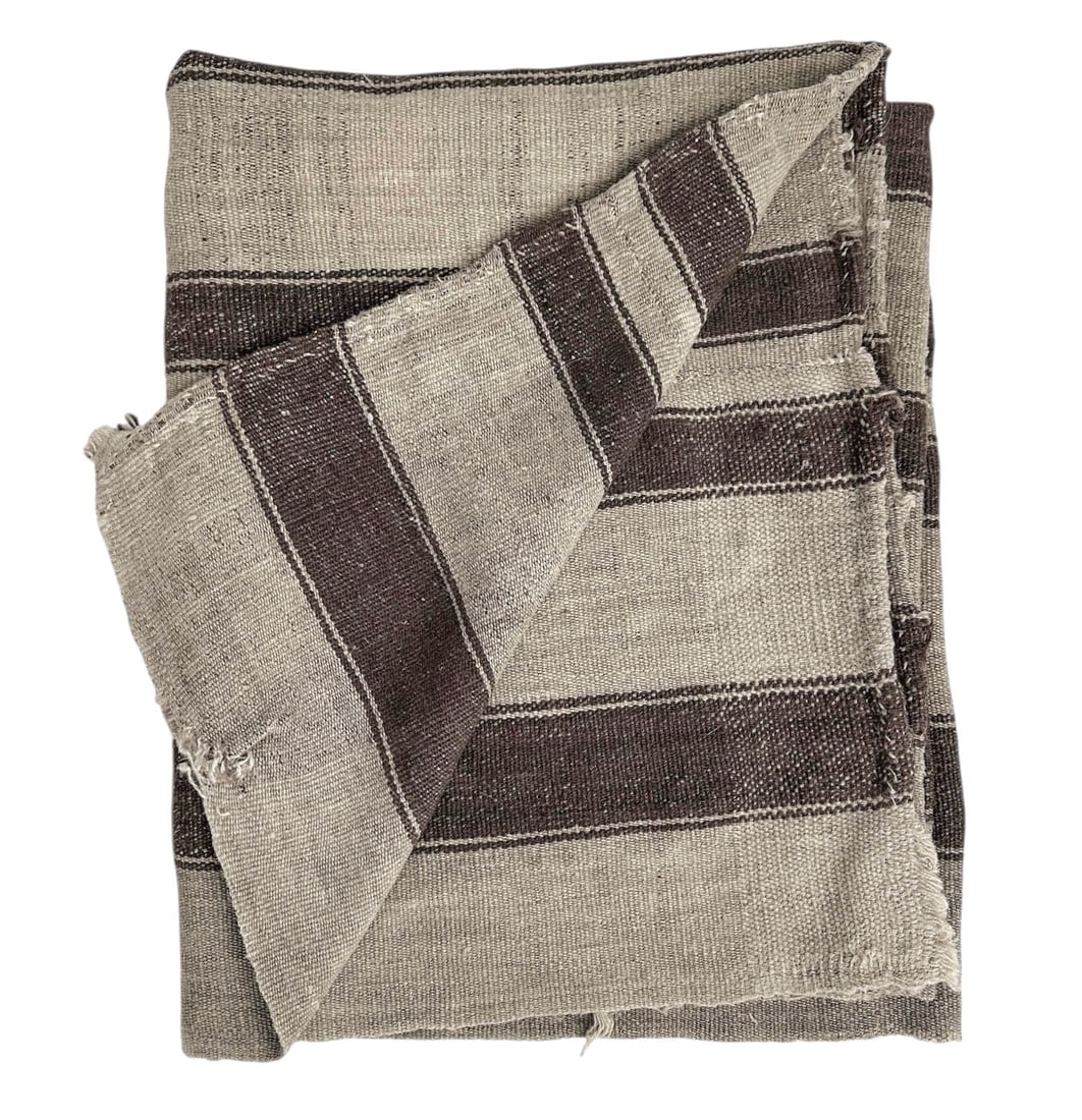 Antique 3x5' Hand Woven Turkish Kilim: Rustic and distressed, this very ralph lauren, two tone brown and tan, wool and goat hair turkish killim area rug is a great understated floor accent to warm a mudroom or small room. Measures 38" x 63