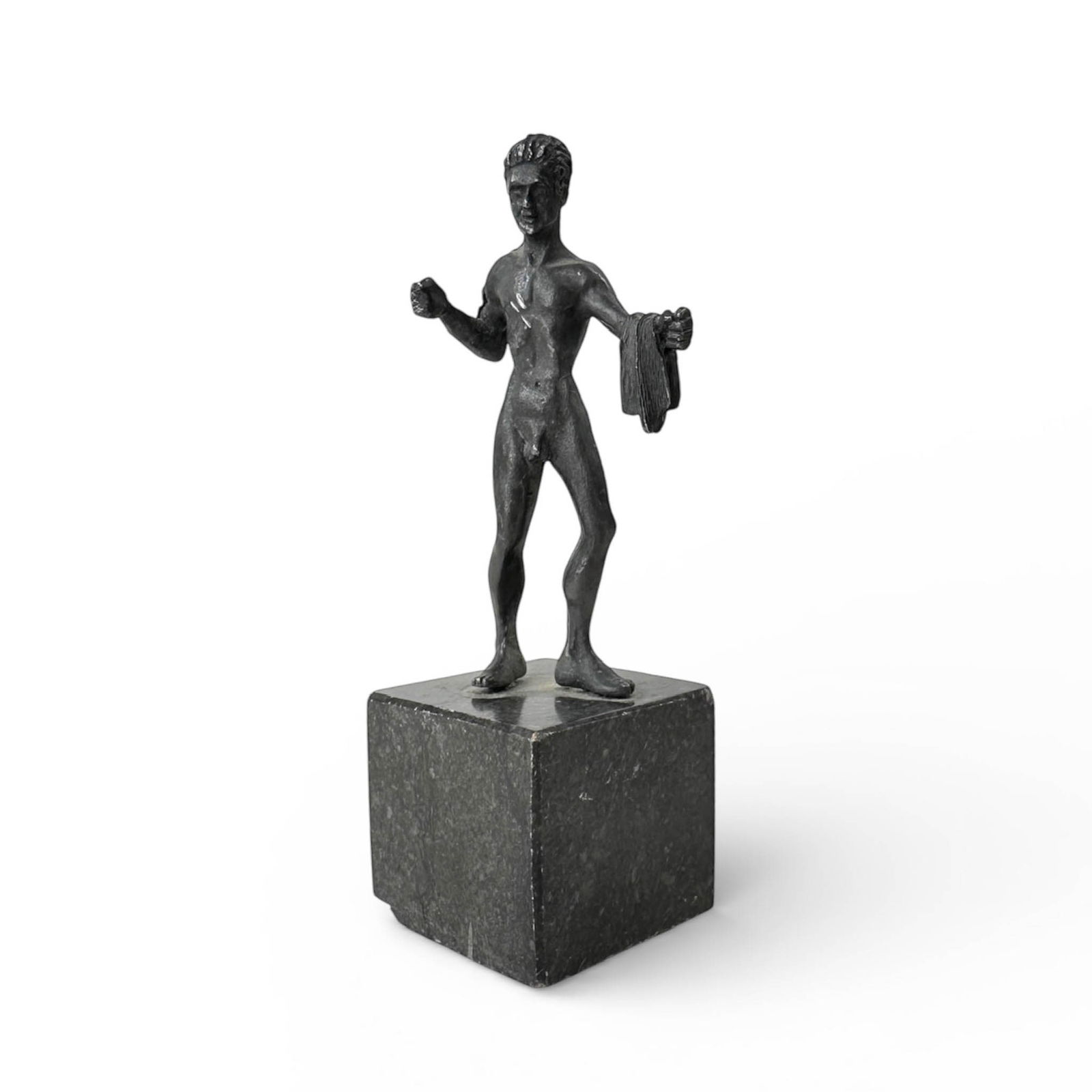 Small Cast Bronze Dancing Faun of Pompeii: Antique Small Cast Bronze Figure, Dancing Satyr or Faun of Pompeii on Black cubed marble base. Measures Please refer to the following address for the pick-up location: 2 Quogue Plaza Trail,