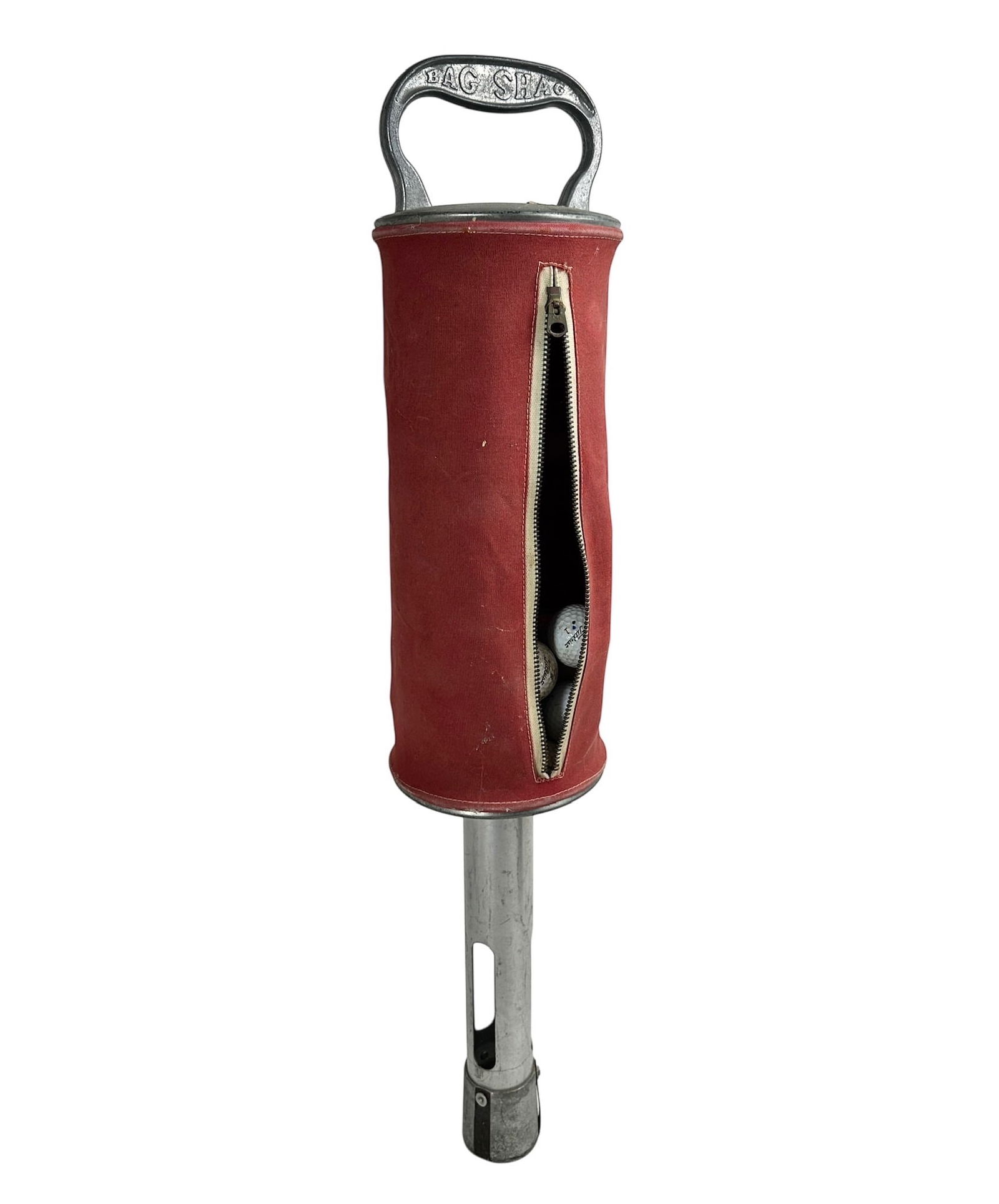 Vintage Bag Shag, Golf Ball Retriever: Vintage Aluminum and Canvas with side zip, golf ball retriever. Early model with branding on metal handle. In working order Please refer to the following address for the pick-up location: 2 Quogue