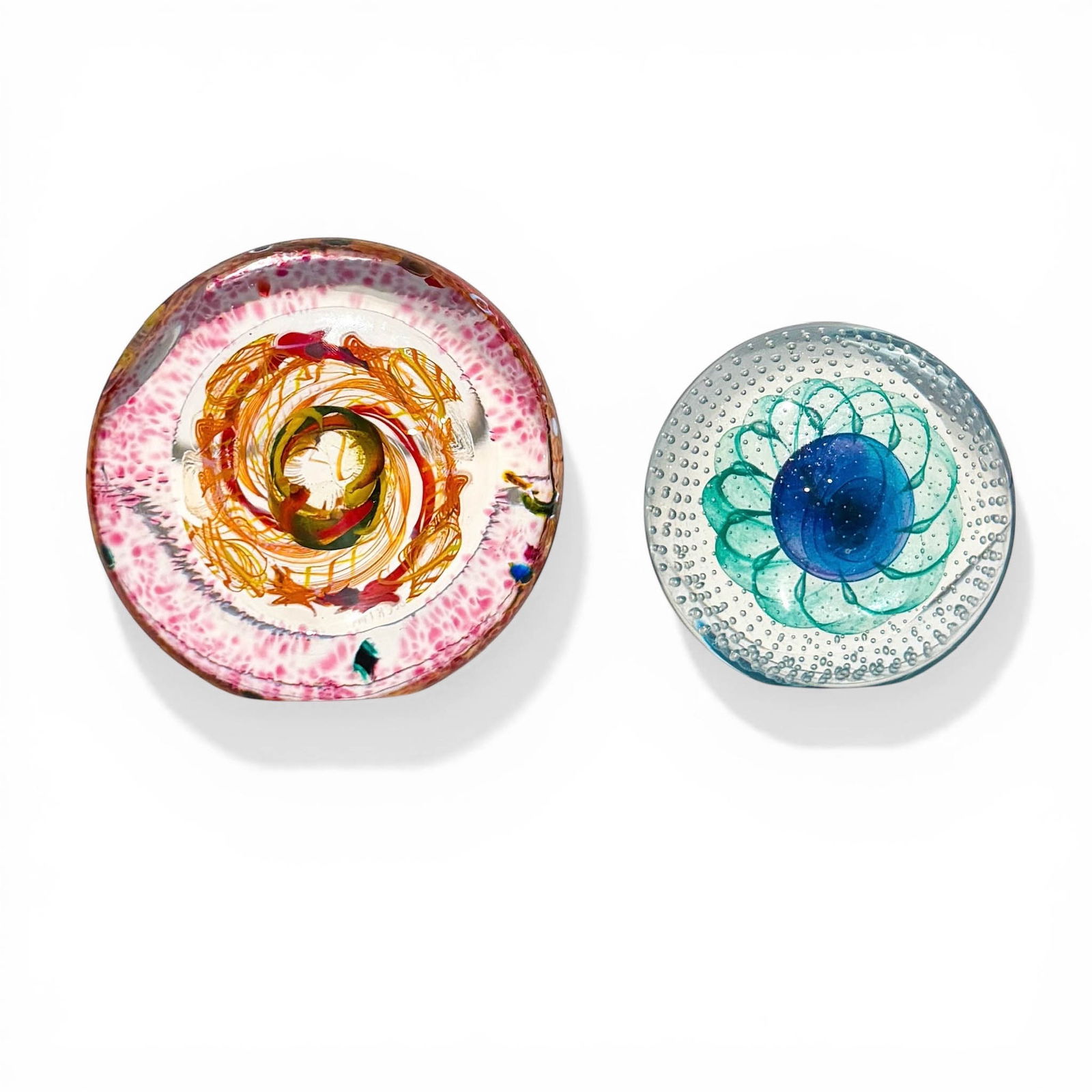 Under The Sea, Abstract Fish and Water Art Glass Objects,: Two vintage hand blown art glass objects respresenting fish and water. The Red and orange microcosm is signed Beck, dated 1994. The Blue and green water glass object is signed F...Dated 1973 Please