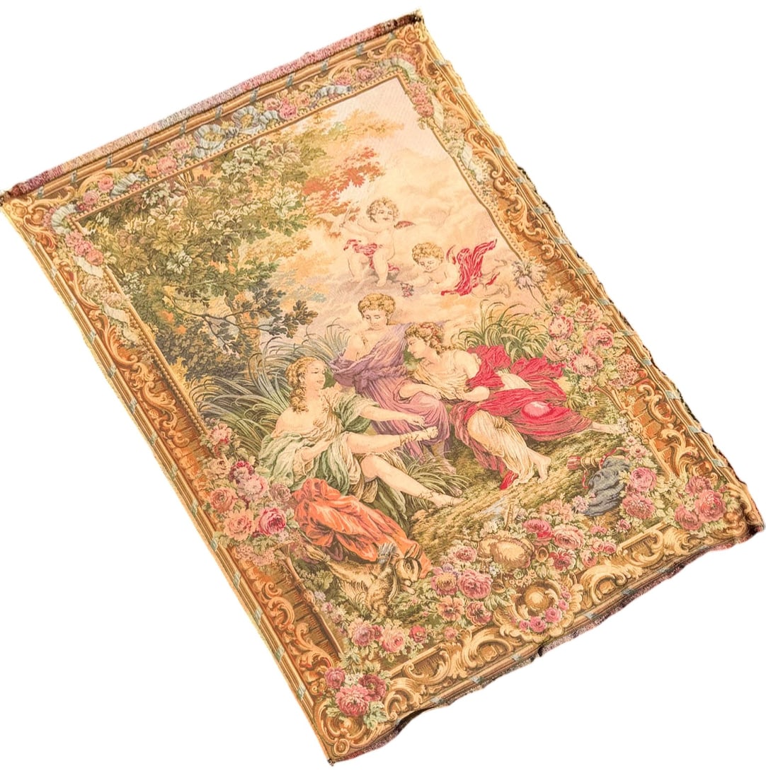 Vintage Jean-Honore Fragonard Inspired Wall Hanging Tapestry: Stunning, vintage or posibly antique Aubusson style wall hanging or tapestry inpried bu Jean-Honore Fragonard's 1767 painting, "The Swing" or "L'Escarpolette". Woven in the french jacquard style. 