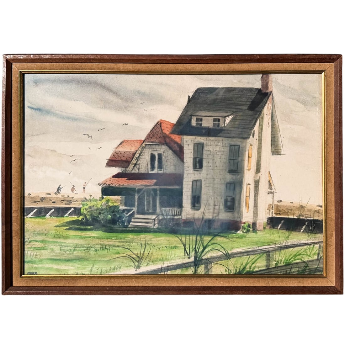 Kerr, Seascape with Captain's House, Watercolor on Paper: Hopper esque water color painting of a home at shore line with fisher men and seagulls in a moody sky. Measures 24 3/4" W x 18" H inside Frame 22" x 15" H Please refer to the following address for