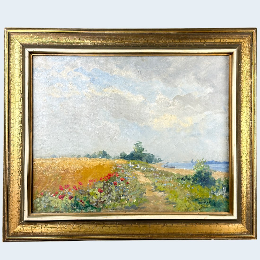 UJ Vary, LANDSCAPE AT BEACH OIL on CANVAS: Beach scene with floral growth. Oil on canvas, framed.