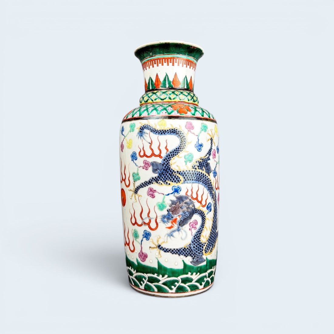 Tall FAMILLE ROSE PORCELAIN DRAGON VASE: Antique c. 19th century, almost 15 inch tall Famille Rose dragon motif porcelain vase with excellent green glaze top and bottom. 14 1/2 h x 6 1/2" diameter