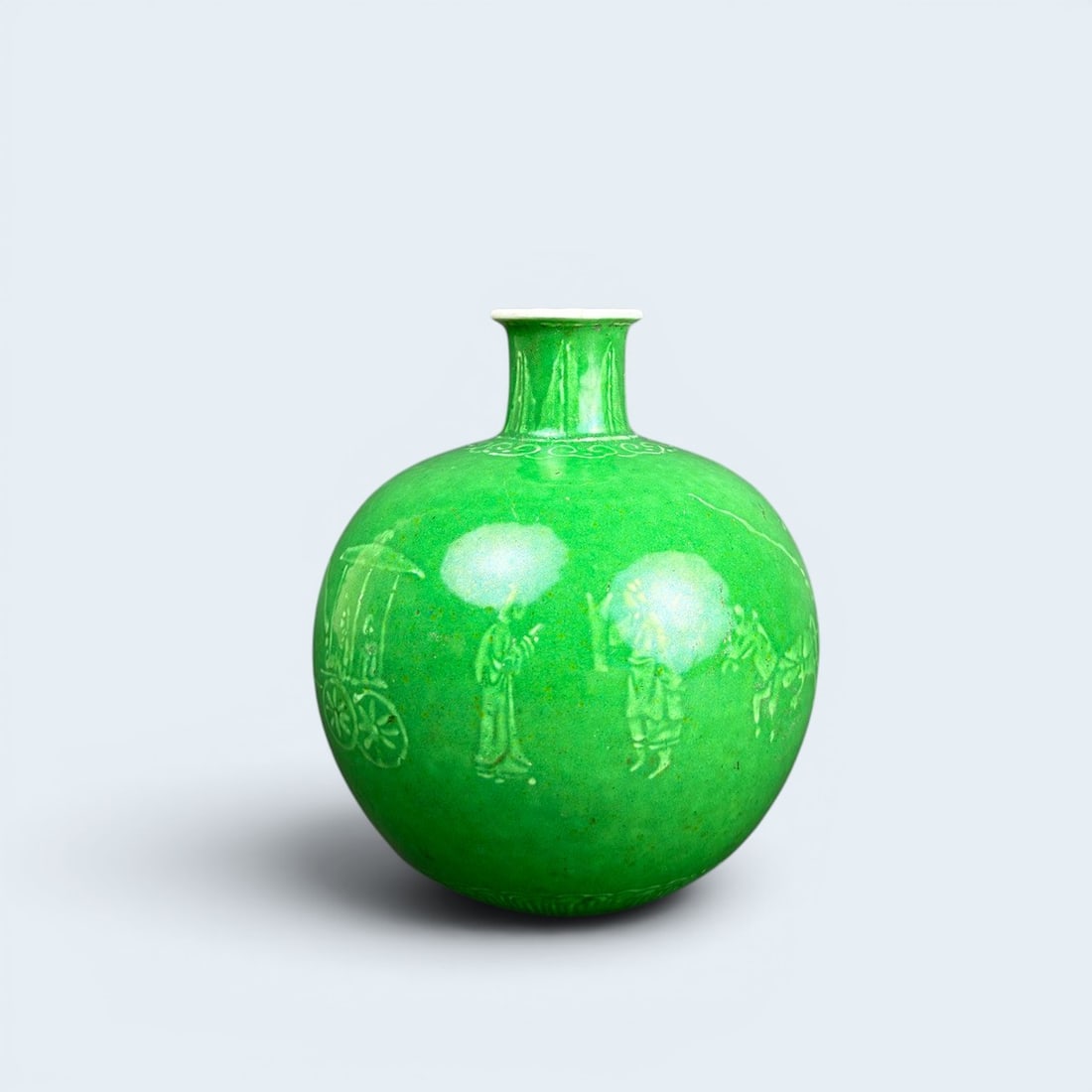 CHINESE EXPORT PORCELAIN VASE: Gourd shaped bottle neck porcelain vase with bright green glaze exterior and horse and chariot, wise men and warrior relief. White glaze interior and stamp on bottom. 6" h x 5 1/4 dia