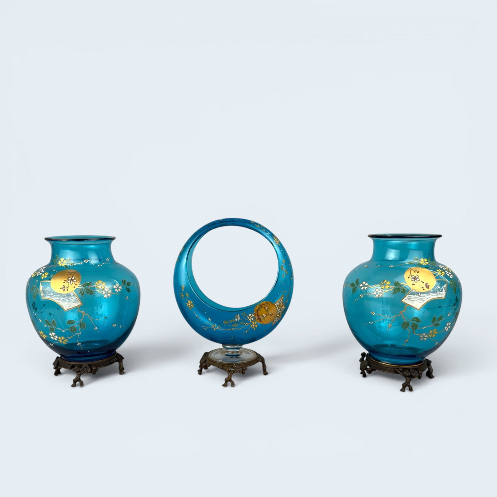 PAIR, c1880 BACCARAT CLAIR DE LUNE VASES: Spectacular pair of antique (c1880's) clair de lune globular Baccarat vases by Eugene Rousseau in blue glass with Japonisme theme applied enamel of weeping willow or cherry blossom tree in full moon o
