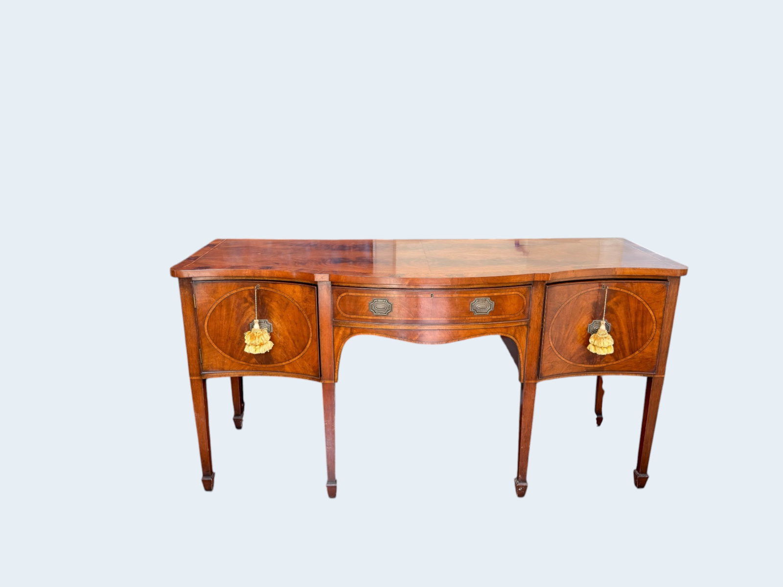 ANTIQUE EDWARDIAN MAHOGANY SIDEBOARD: Antique c. 1880's mahogany with inlay sideboard with tapered legs and two of the original keys. all drawers and doors open and is in overall very good condition. 36 1/4" h, 72" w, 26 1/4" d