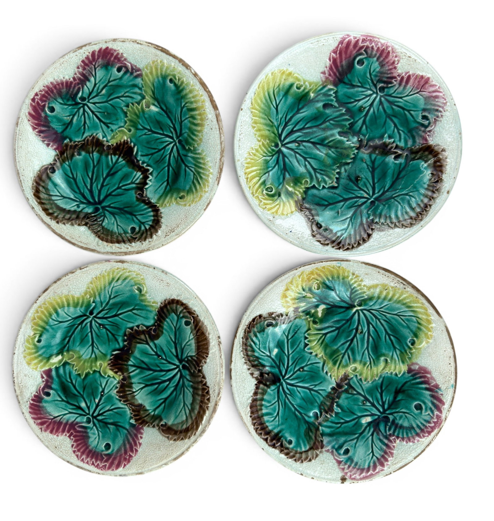 (4) 19th c. MAJOLICA LEAF PLATES: 1880's Antique, french Majolica leaf plates with 8 inch diameters.