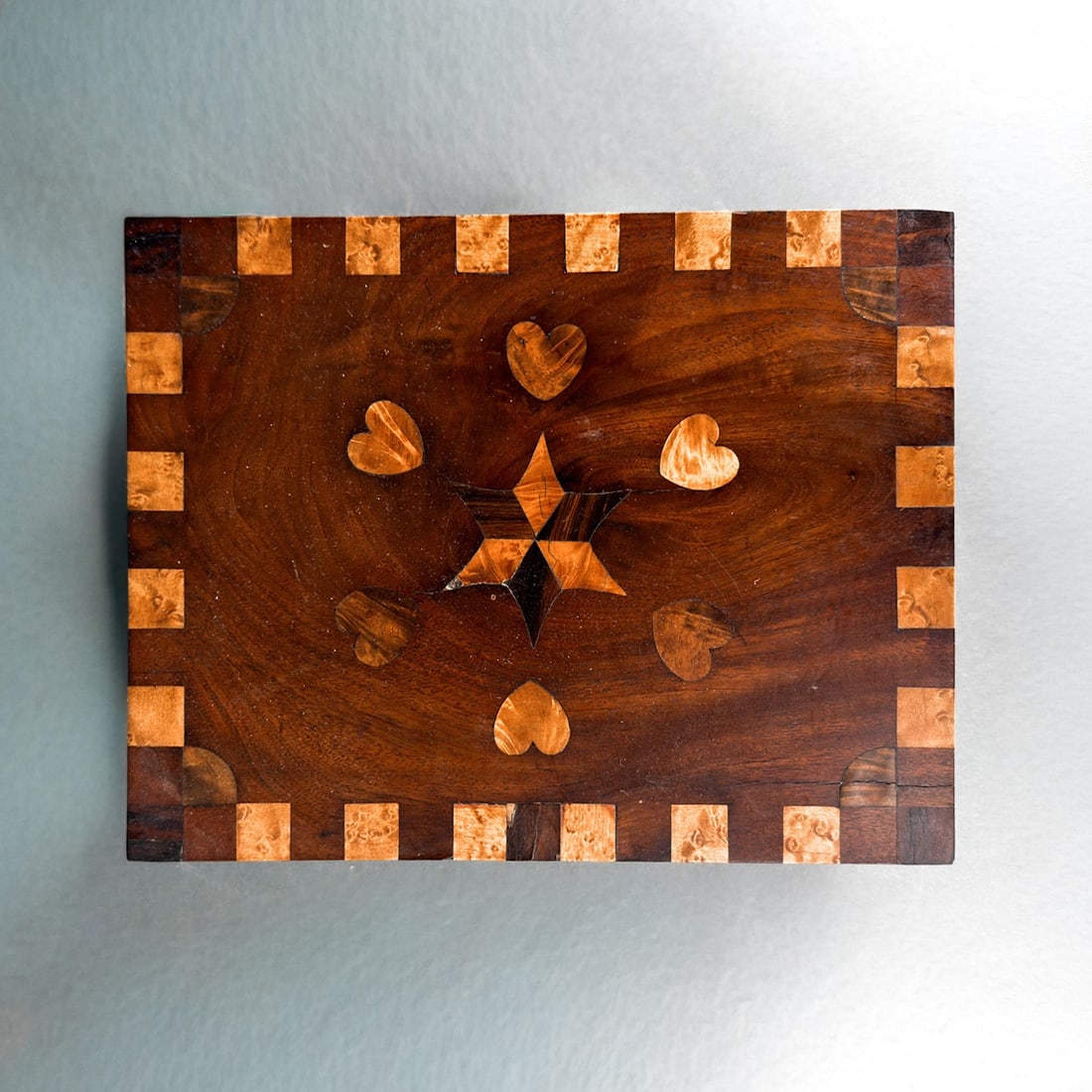 C. 19THc. American PINE and BURL MARQUETRY WOODEN BOX (1 of 7)