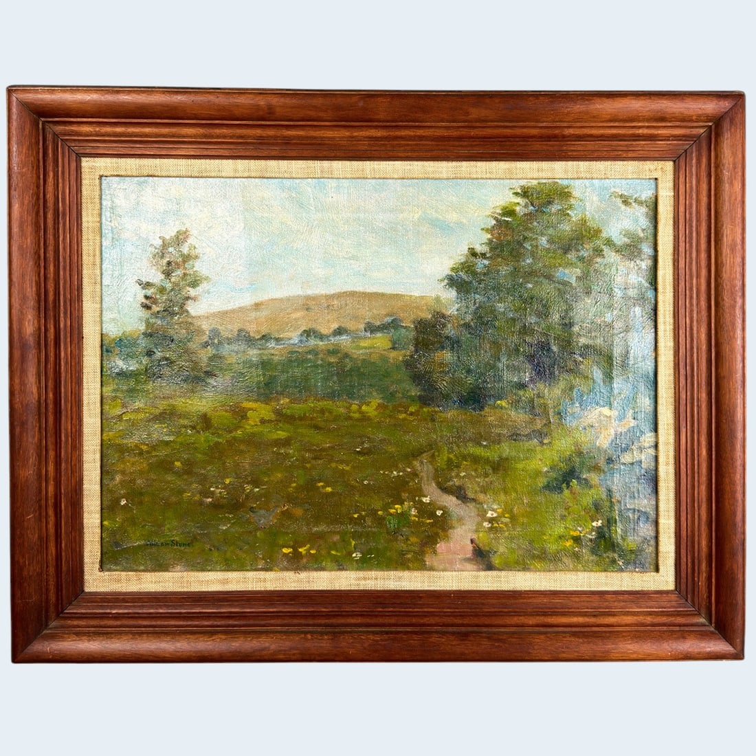 WILLIAM STONE, American b1842-1913, Untitled LANDSCAPE: William Stone, American born Massachusetts 1842 - d.1913. Painter of landscapes. Oil on canvas in linen matte and wood frame. canvas measures