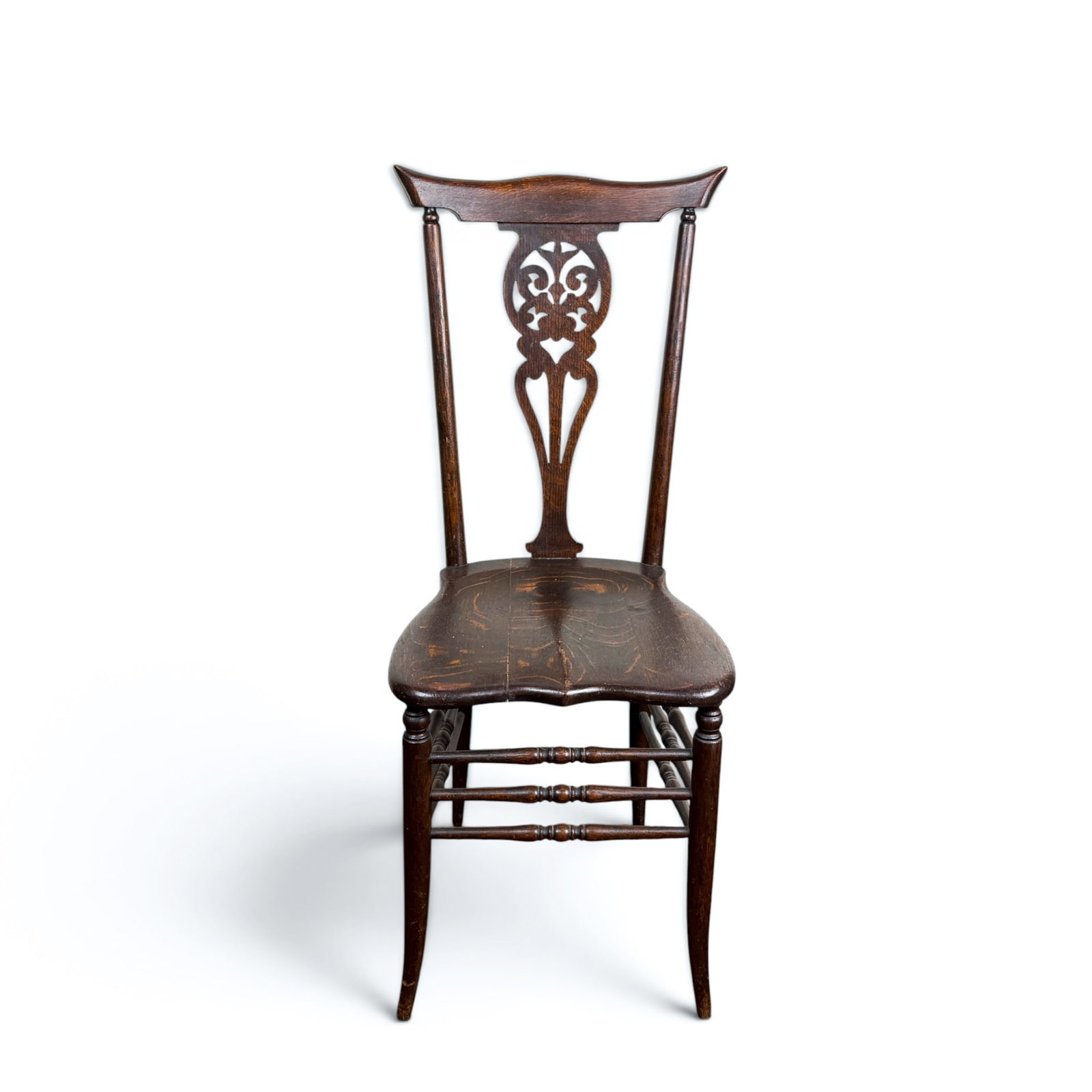 ANTIQUE OAK KEYHOLE HARP BACK SIDE CHAIR: 38 1/2" h / 18 1/4" seat height, 16" w, 16 1/2' d