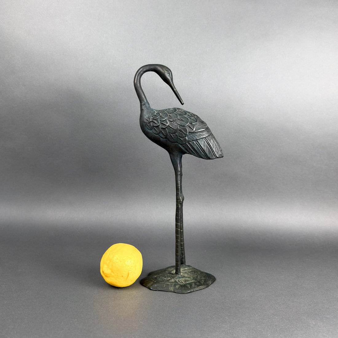 BRONZE CRANE FIGURE: 18" TALL, unmarked on bottom