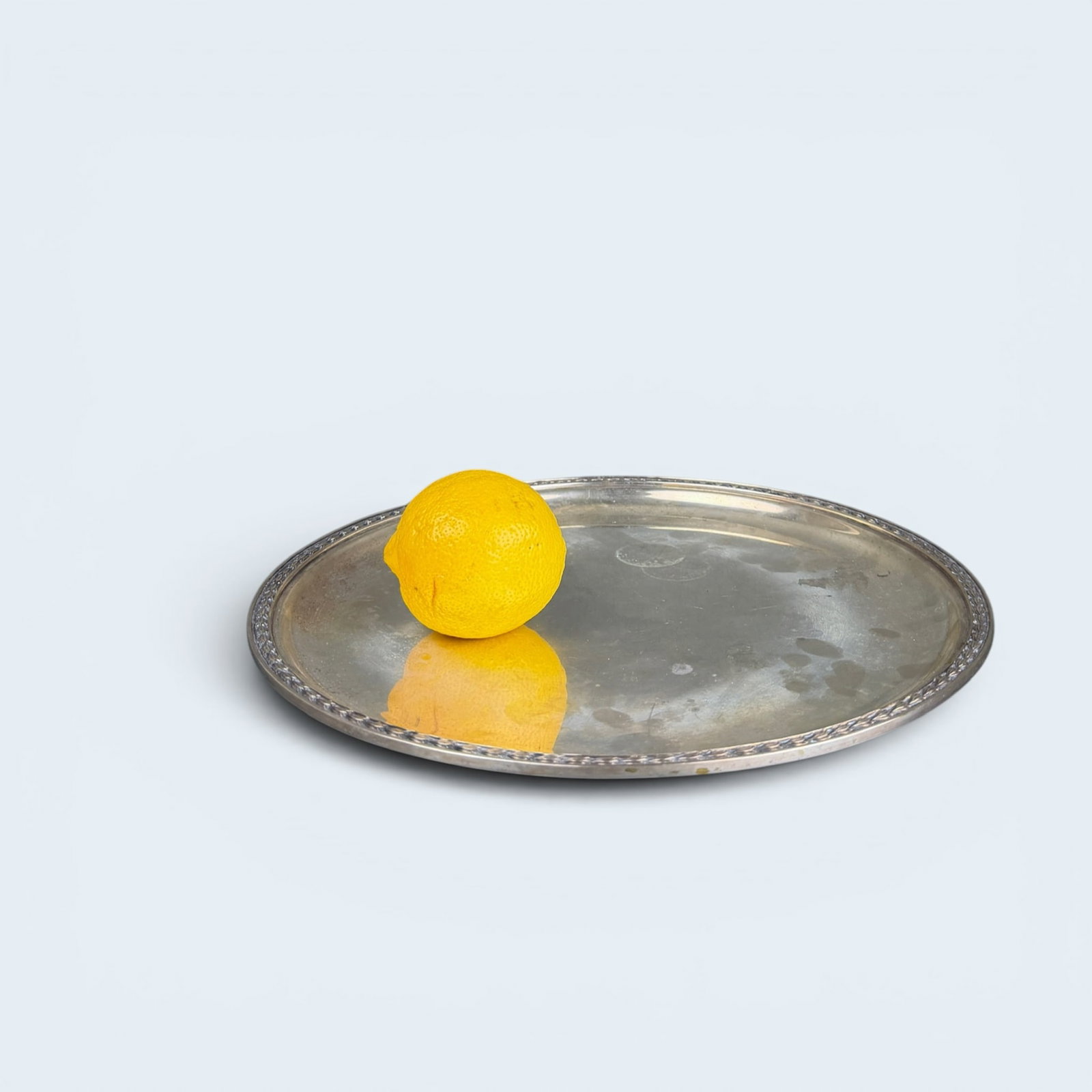 ZENDRINI TORINO 800 SILVER TRAY: Round tray with floral repusse edge and nice shallow dip in body. approx 1/2" h x 11 3/4" dia ozt