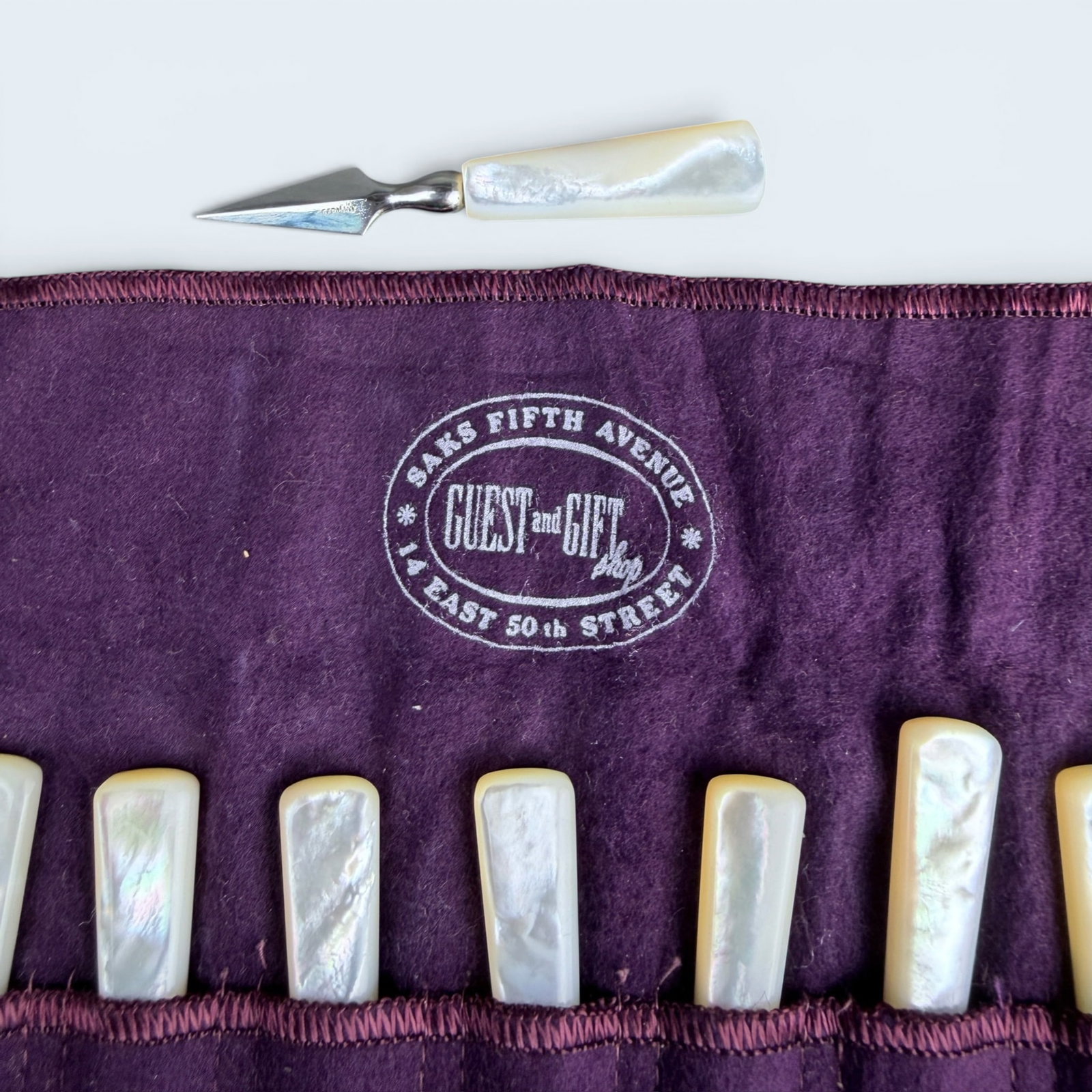 GERMAN MOTHER OF PEARL APPETIZER KNIVES: marked germany, this set of mother of pearl and stainless steel spires measure 3 1/8" in length