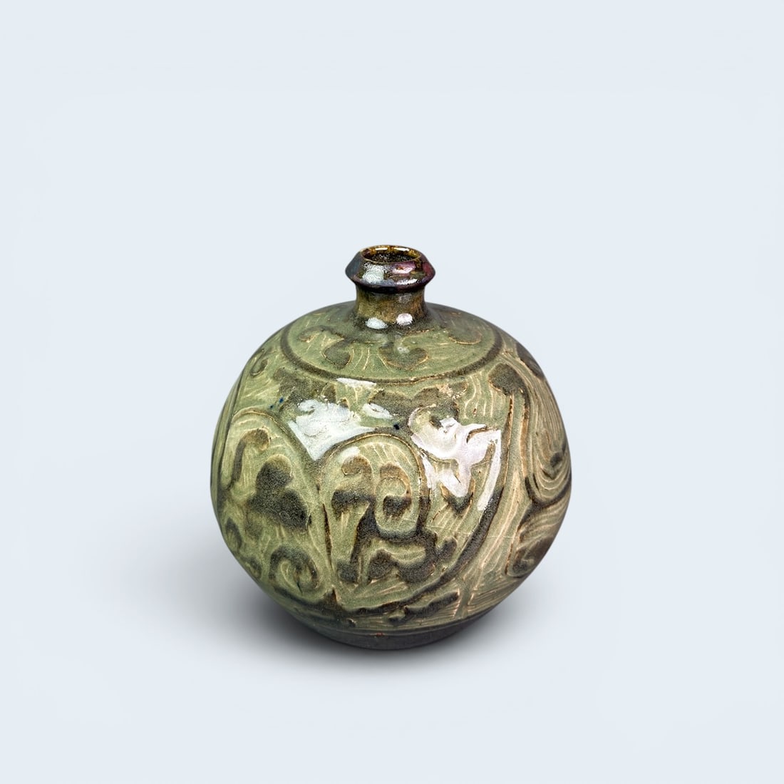 CHINESE SONG DYNASTY style CERAMIC VASE: Darker than celadon green, with relief lines bottle neck gourd vase. Purchased from a New York City antique store by Dr. Nigro. br> 9 1/2" H X 8 1/2" W