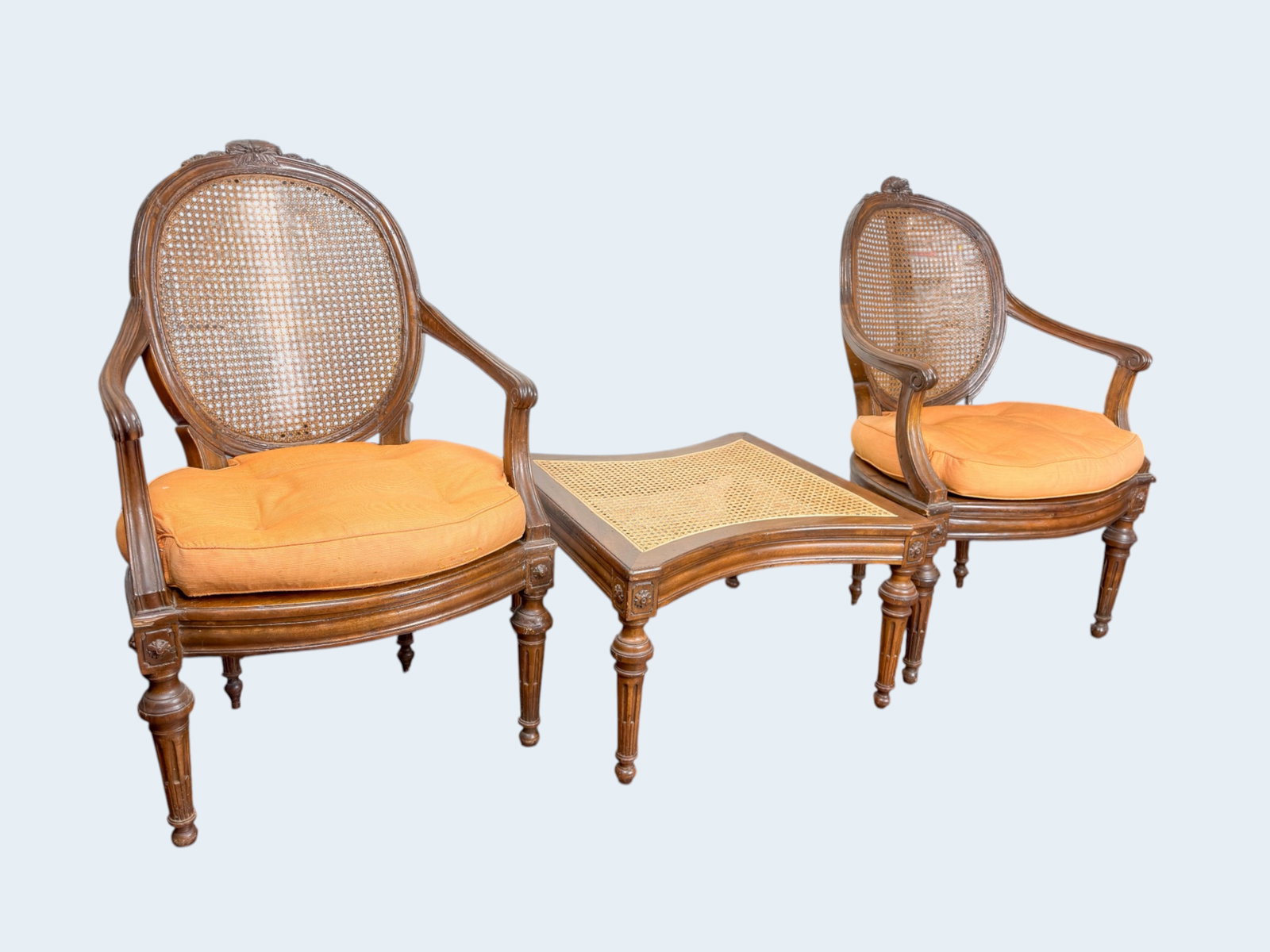 ANTIQUE FRENCH CARVED WOOD and CANE SEAT ARM CHAIRS AND OTTOMAN